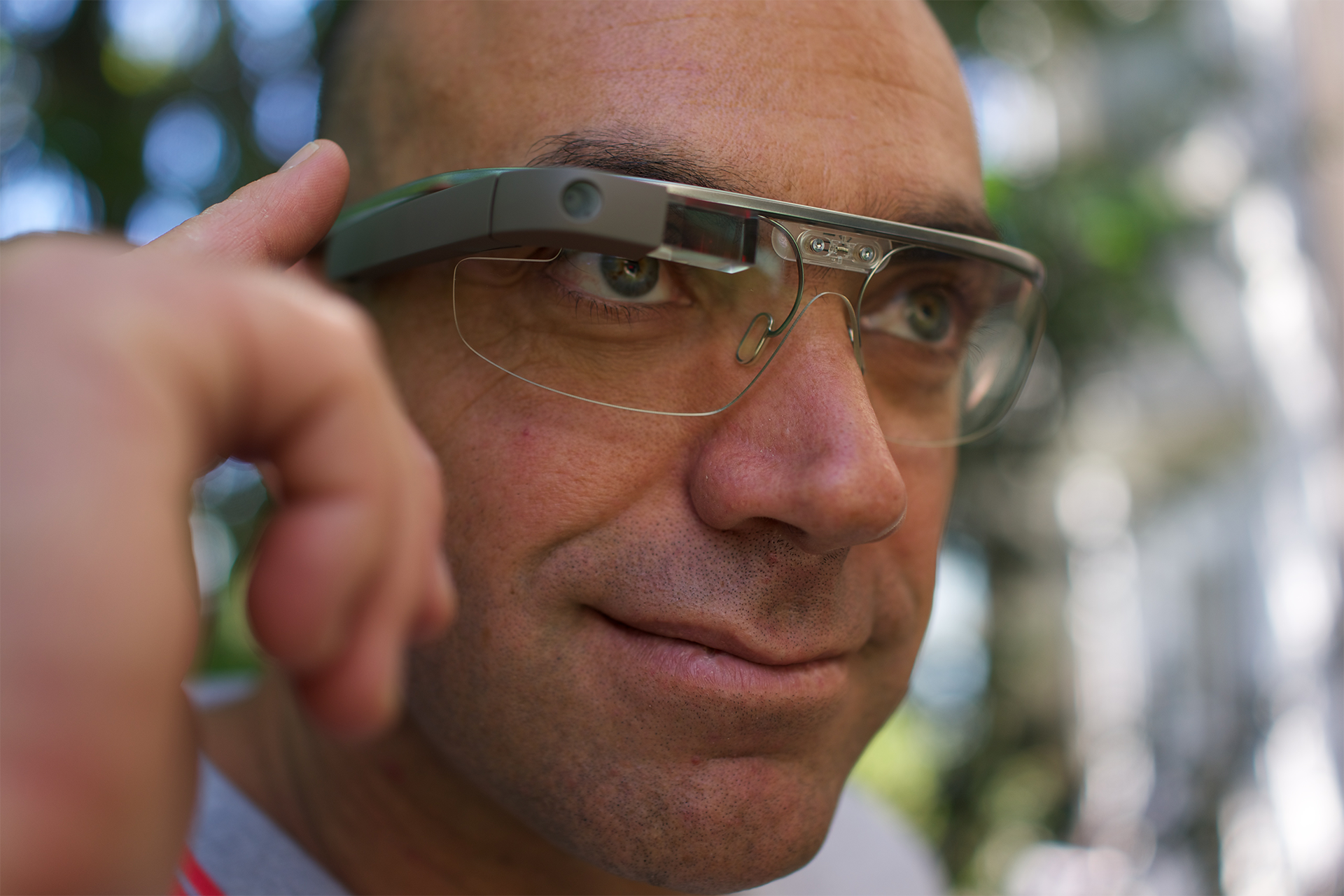 Close up of man wearing augmented reality glasses