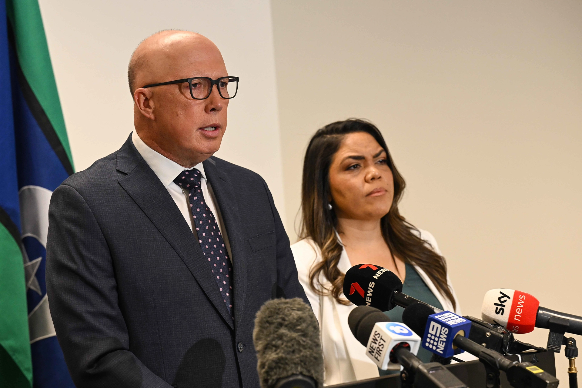 Peter Dutton and Jacinta Price speaking at a news conference