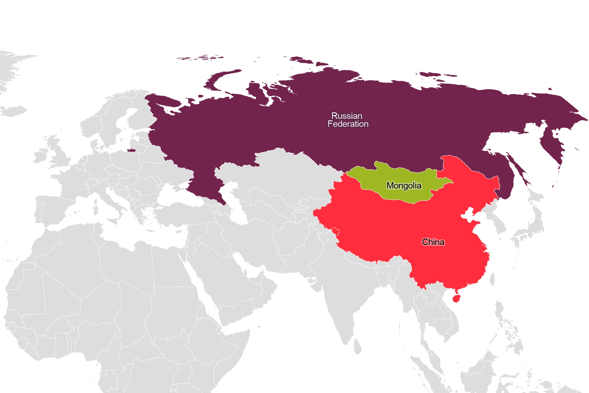 World map showing Mongolia, China and Russia