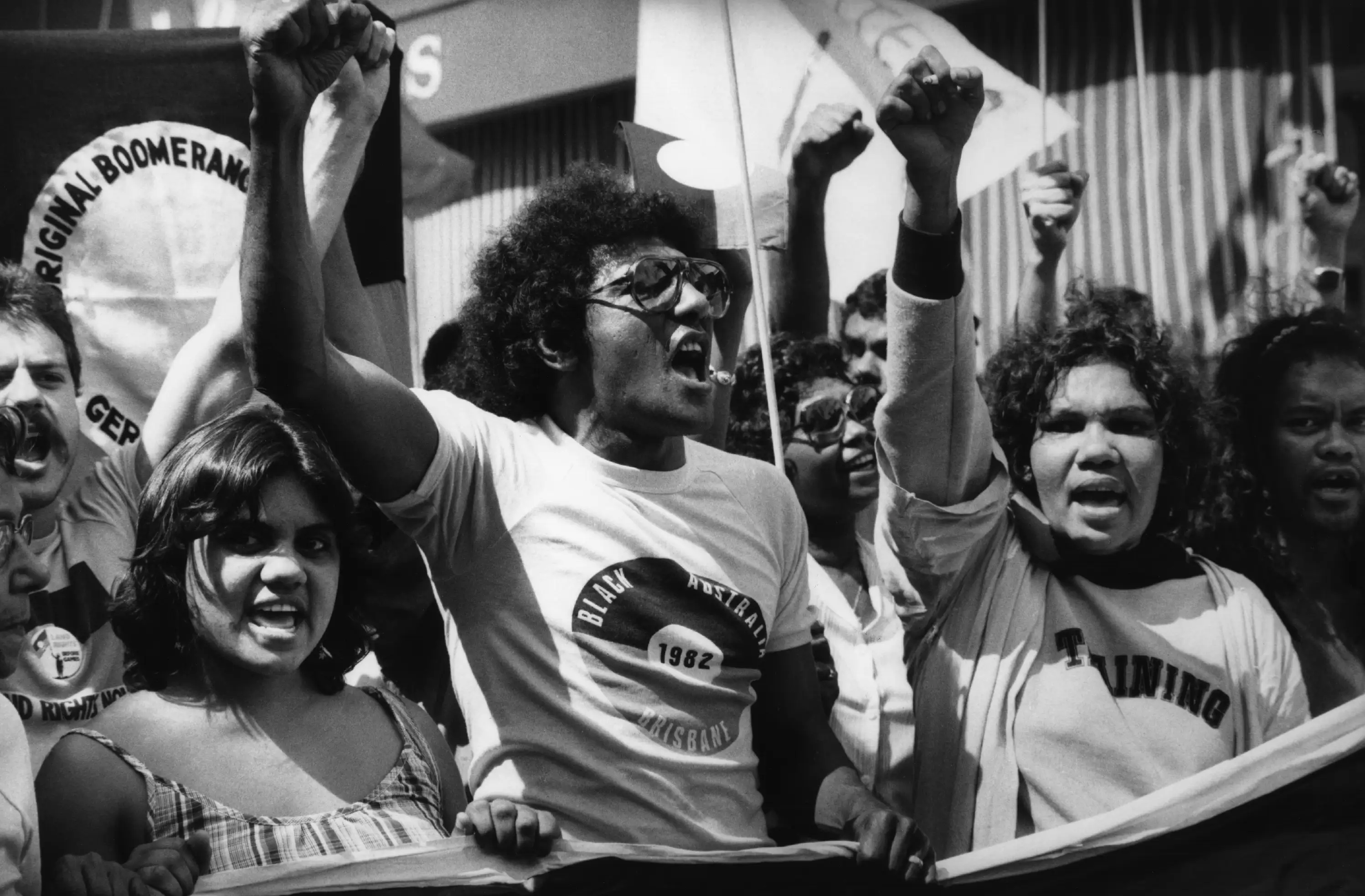 A demonstration for Aboriginal land rights marches in Brisbane in 1982.