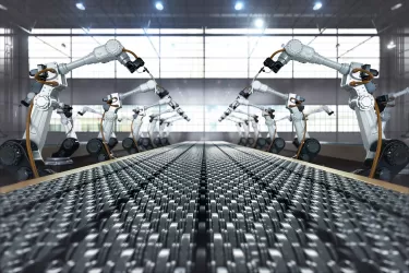 Two lines of robot arms standing to attention over a futuristic-looking conveyer