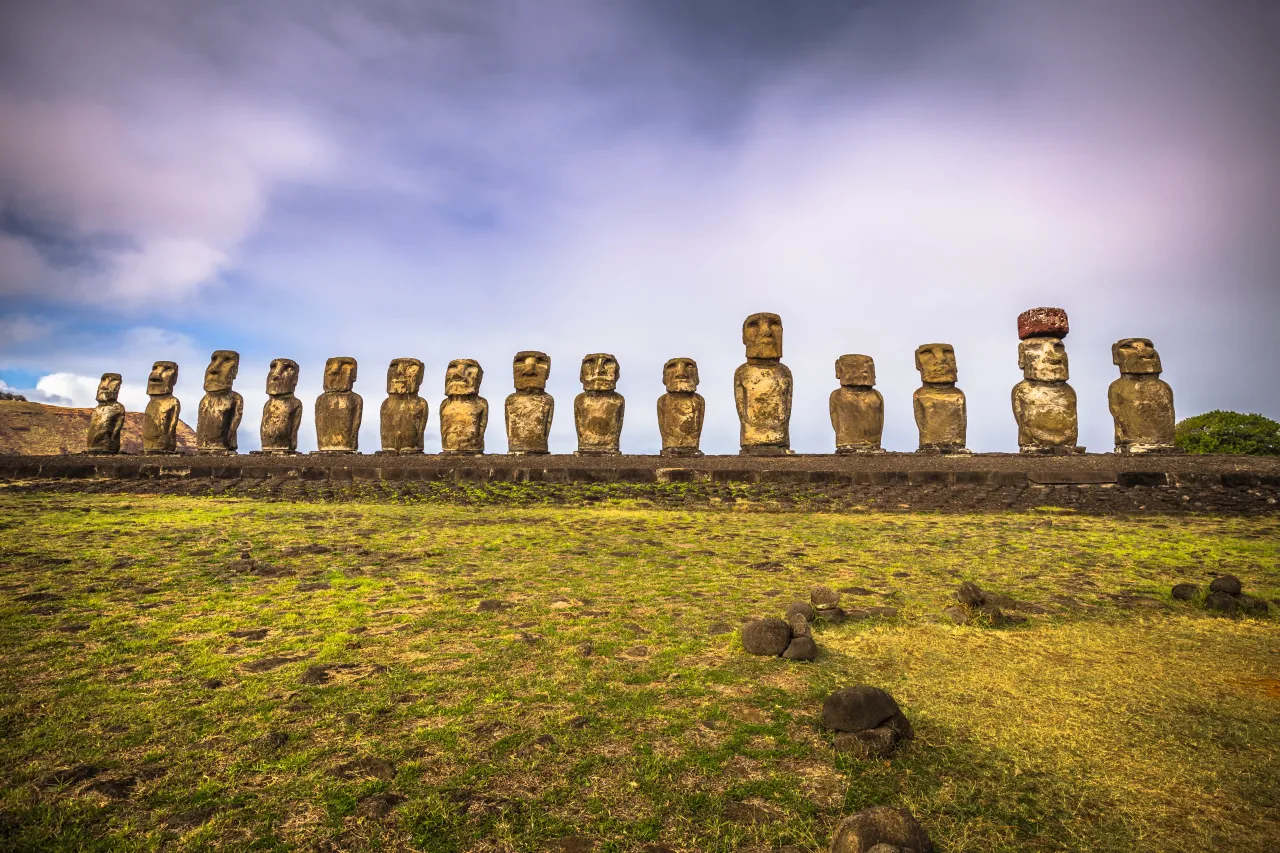 Fifteen standing Moai (or statues) of Ahu Tongkarik on Rapa Nui.