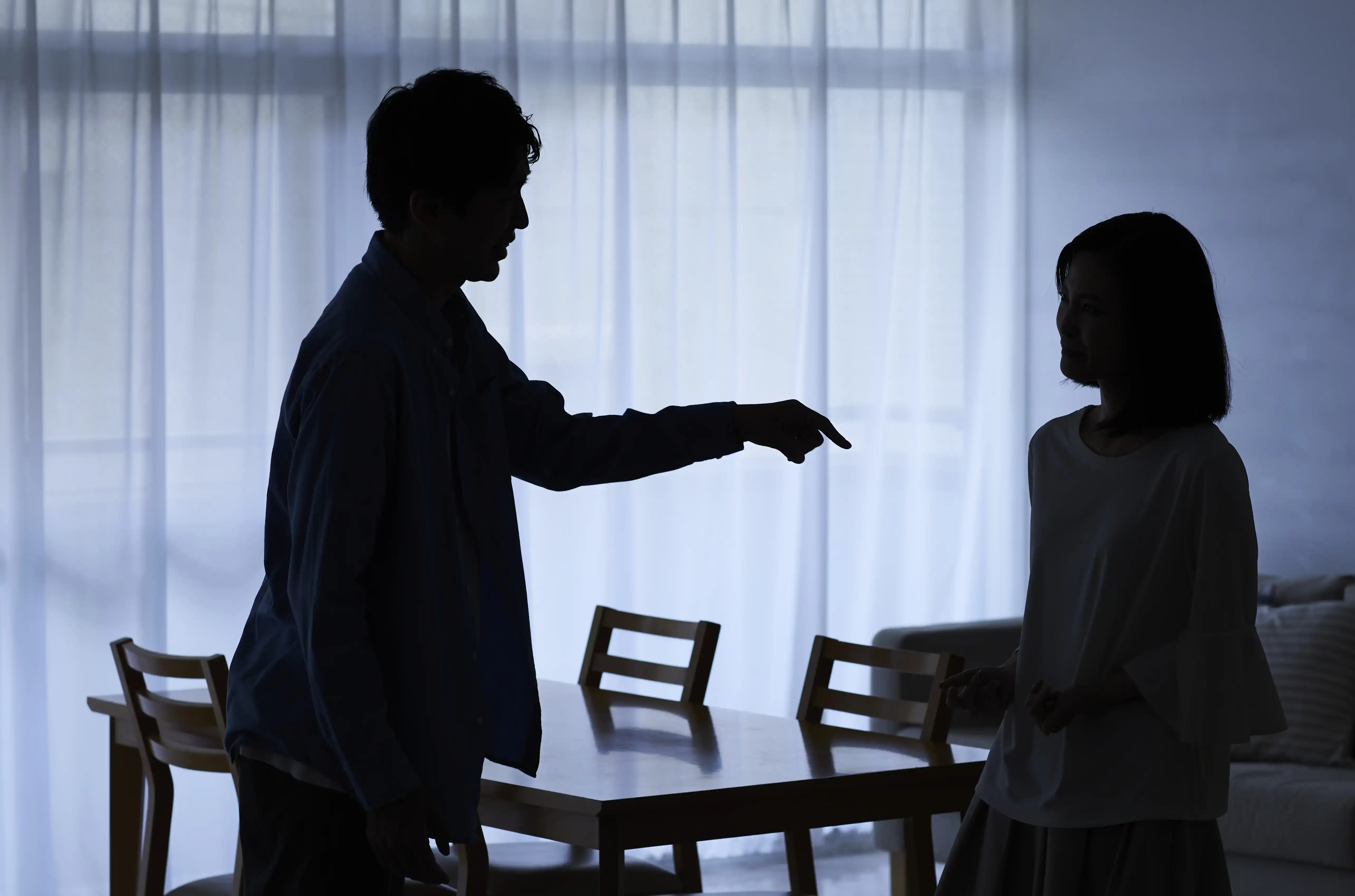 A silhouette of a woman and man arguing