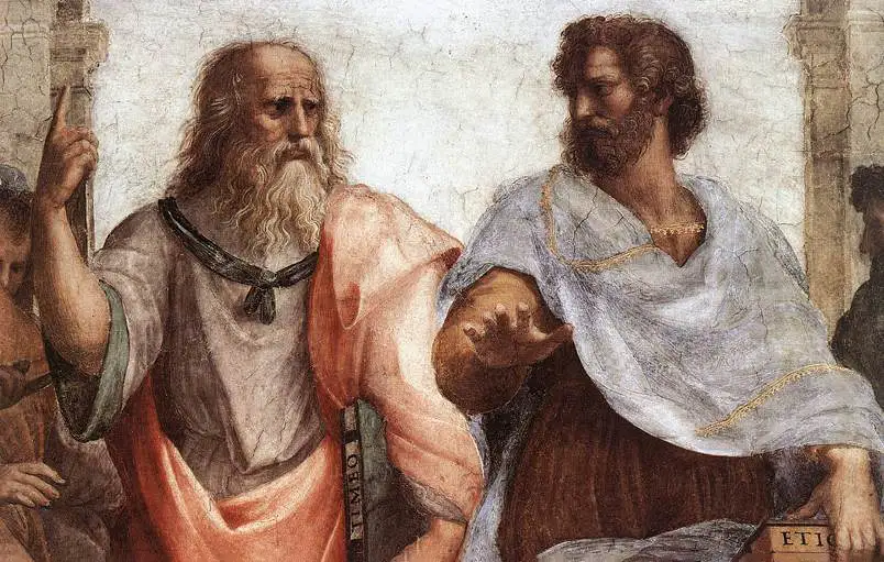 Detail of The School of Athens by Raffaello Sanzio, 1509, showing Plato (left) and Aristotle (right)