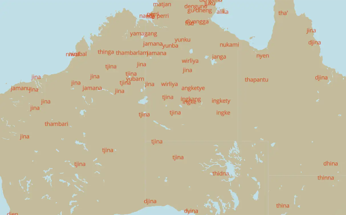 A map of Australia showing the regional variations in the words for ‘foot’