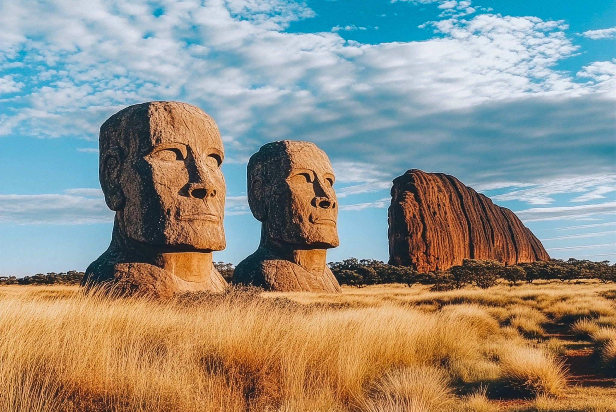 An AI generated image of Easter Island-style giant stone heads in a red desert