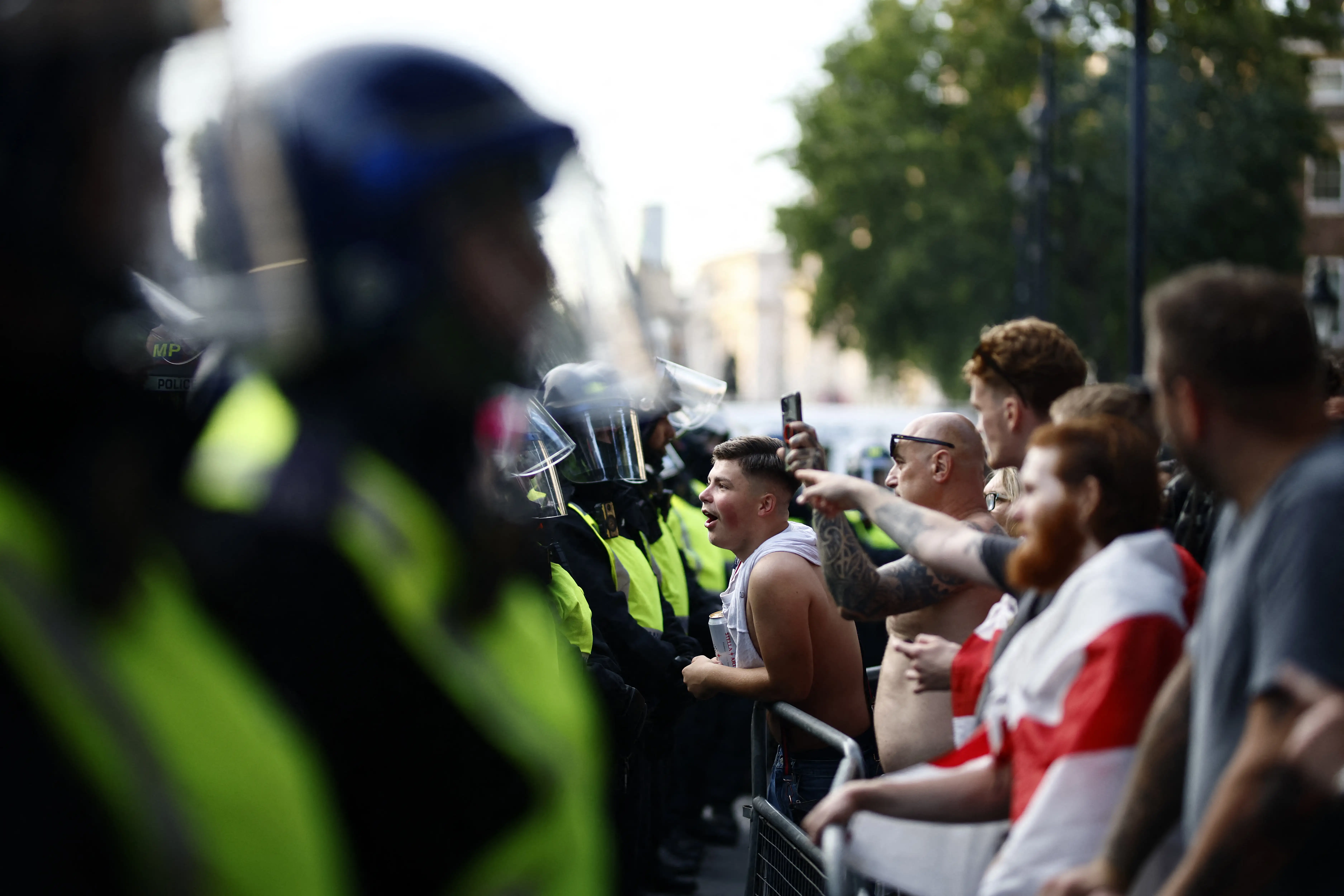 Protestors face-to-face with British police officers