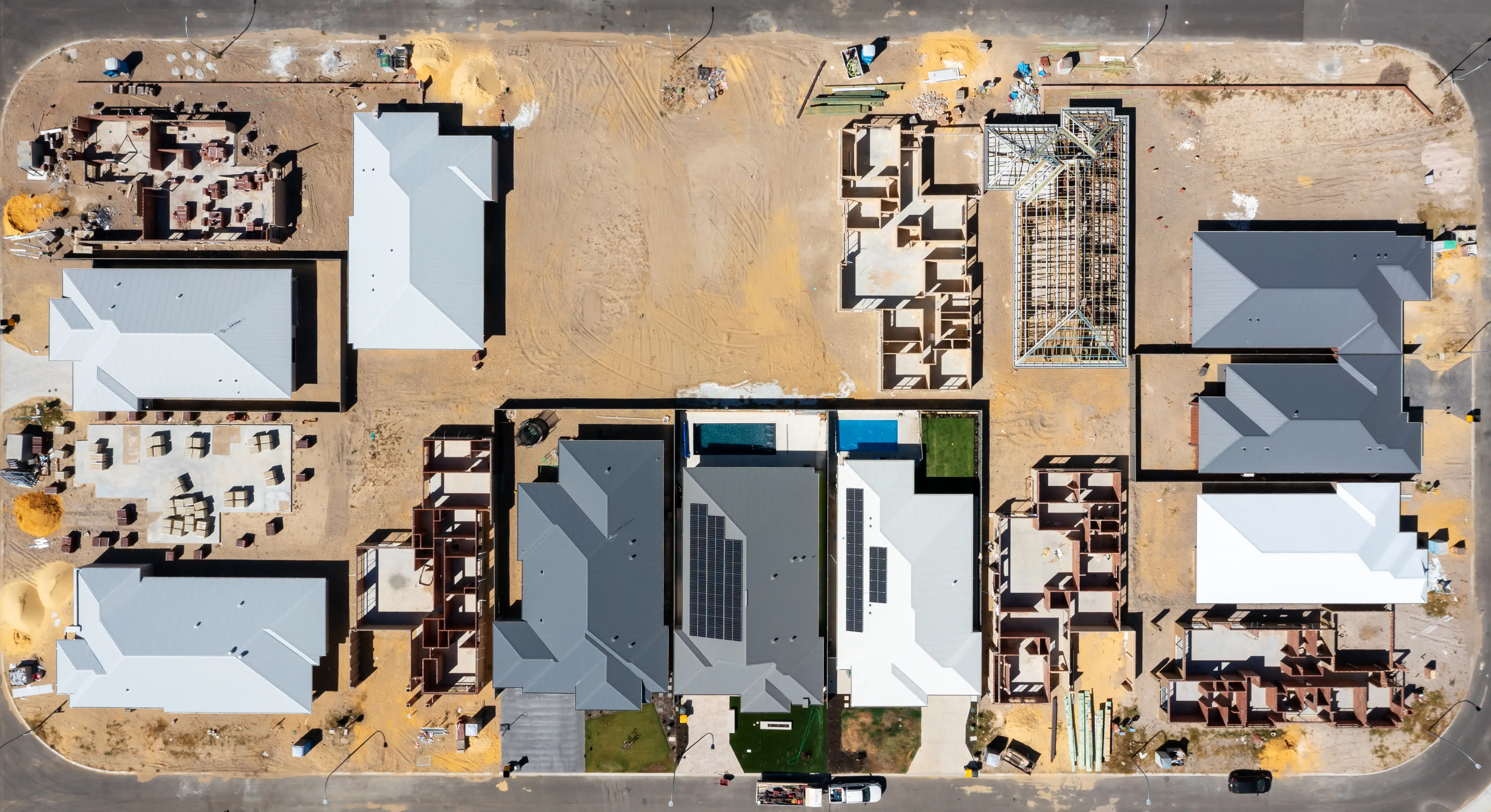 Aerial view of a construction site for new houses in Perth