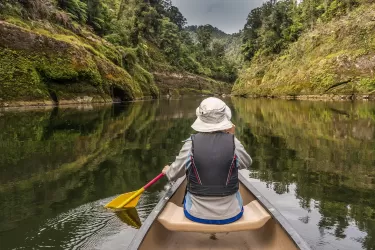 person canoeing on a calm river