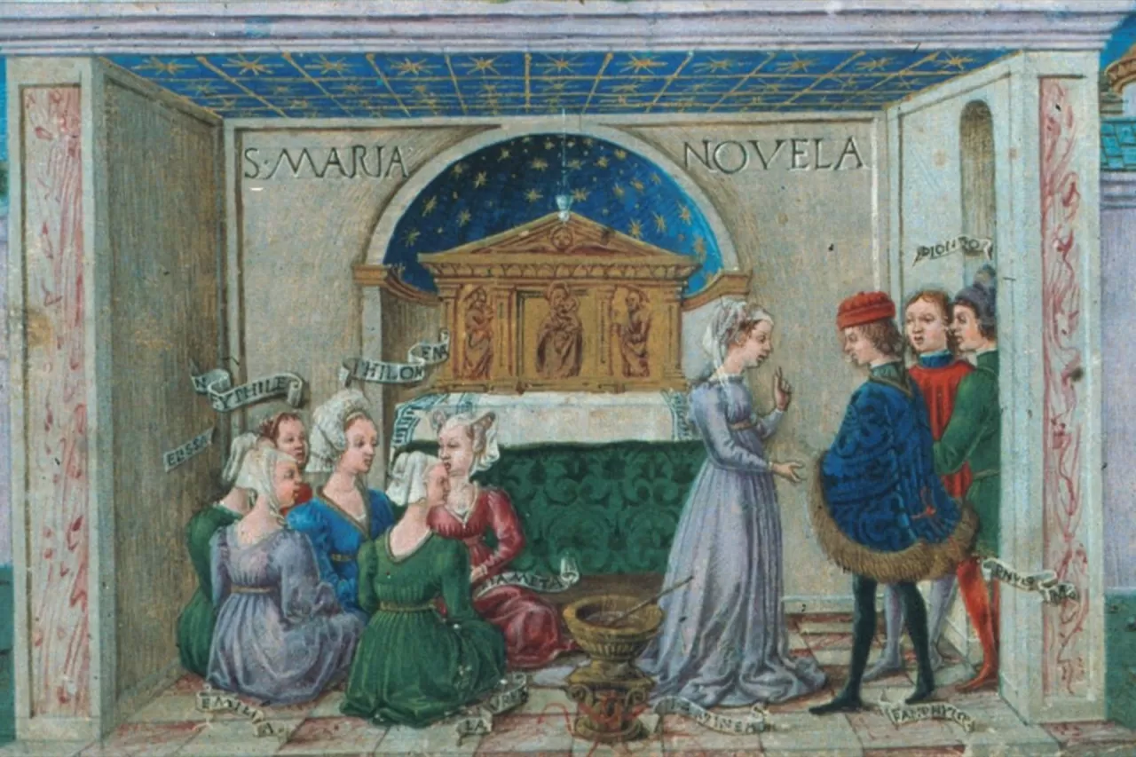 Medieval painting of young ladies and men in a church