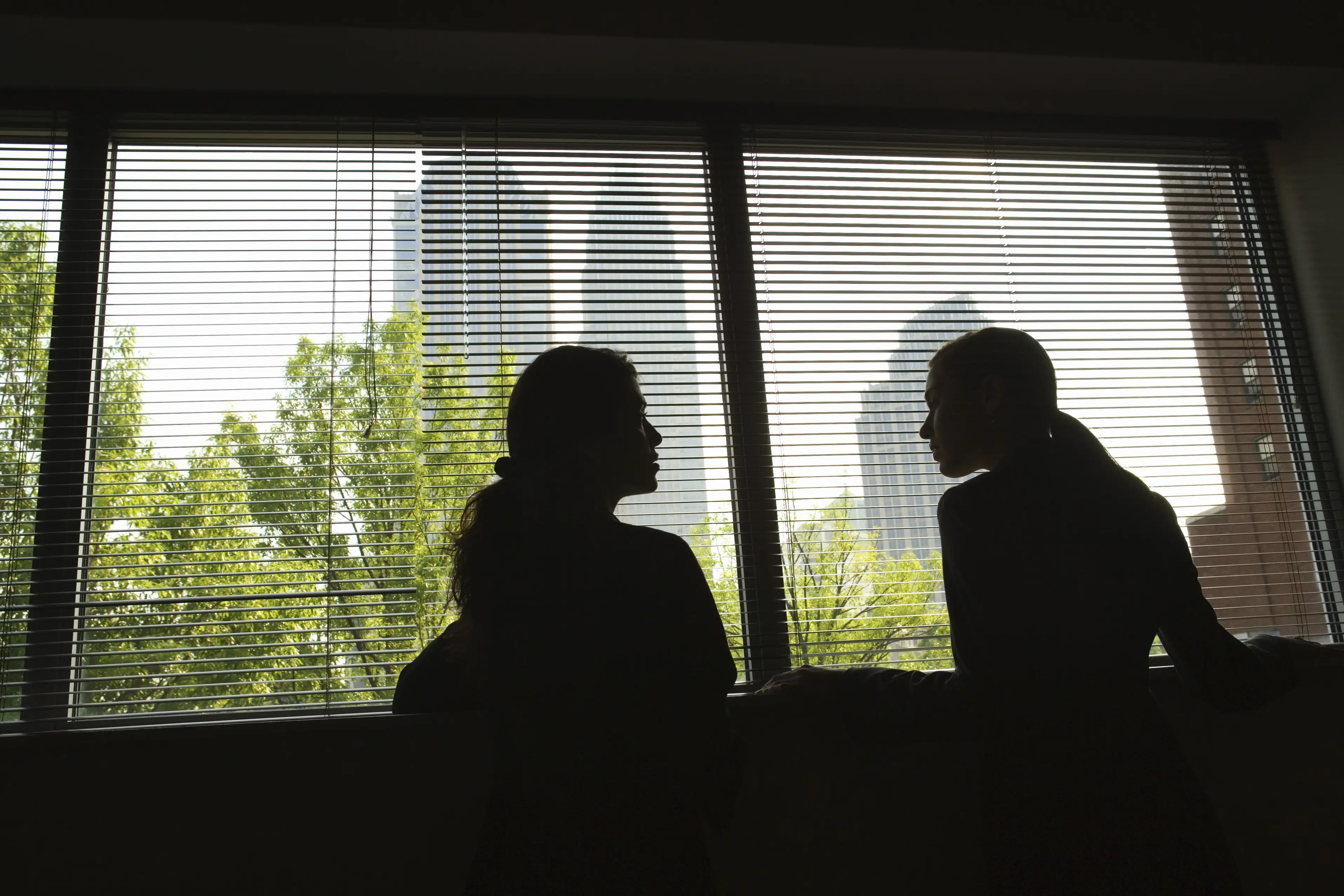 A silhouette of two women talking at a window