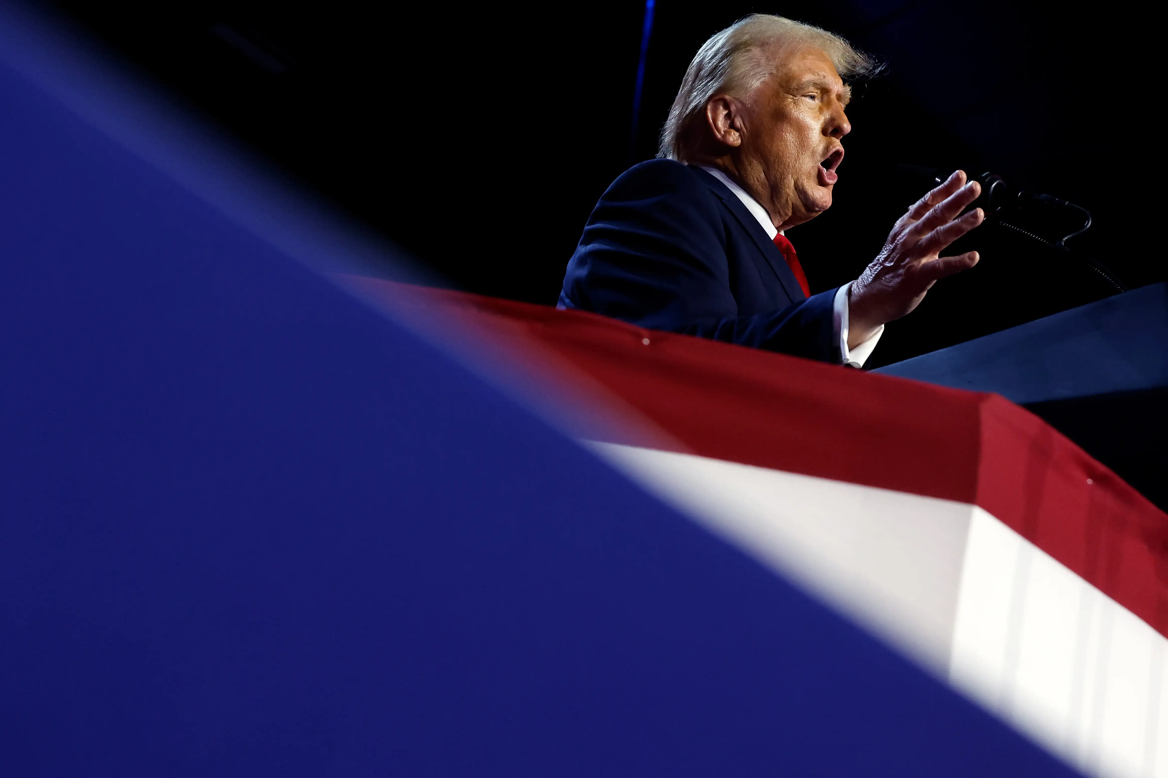 Donald Trump speaks during an election night event at the Palm Beach Convention Centre