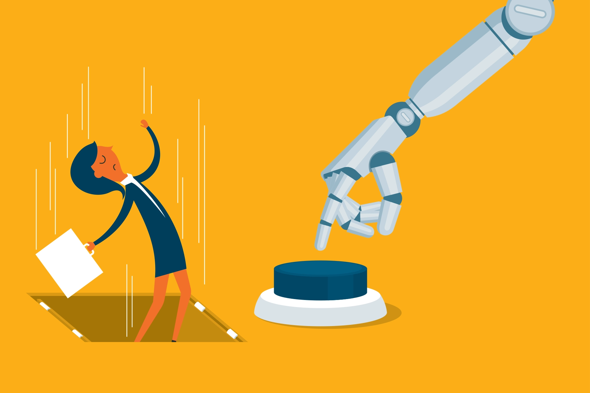 Drawing of robot arm pressing button causing business woman to fall through the fall