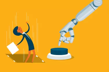 Drawing of robot arm pressing button causing business woman to fall through the fall