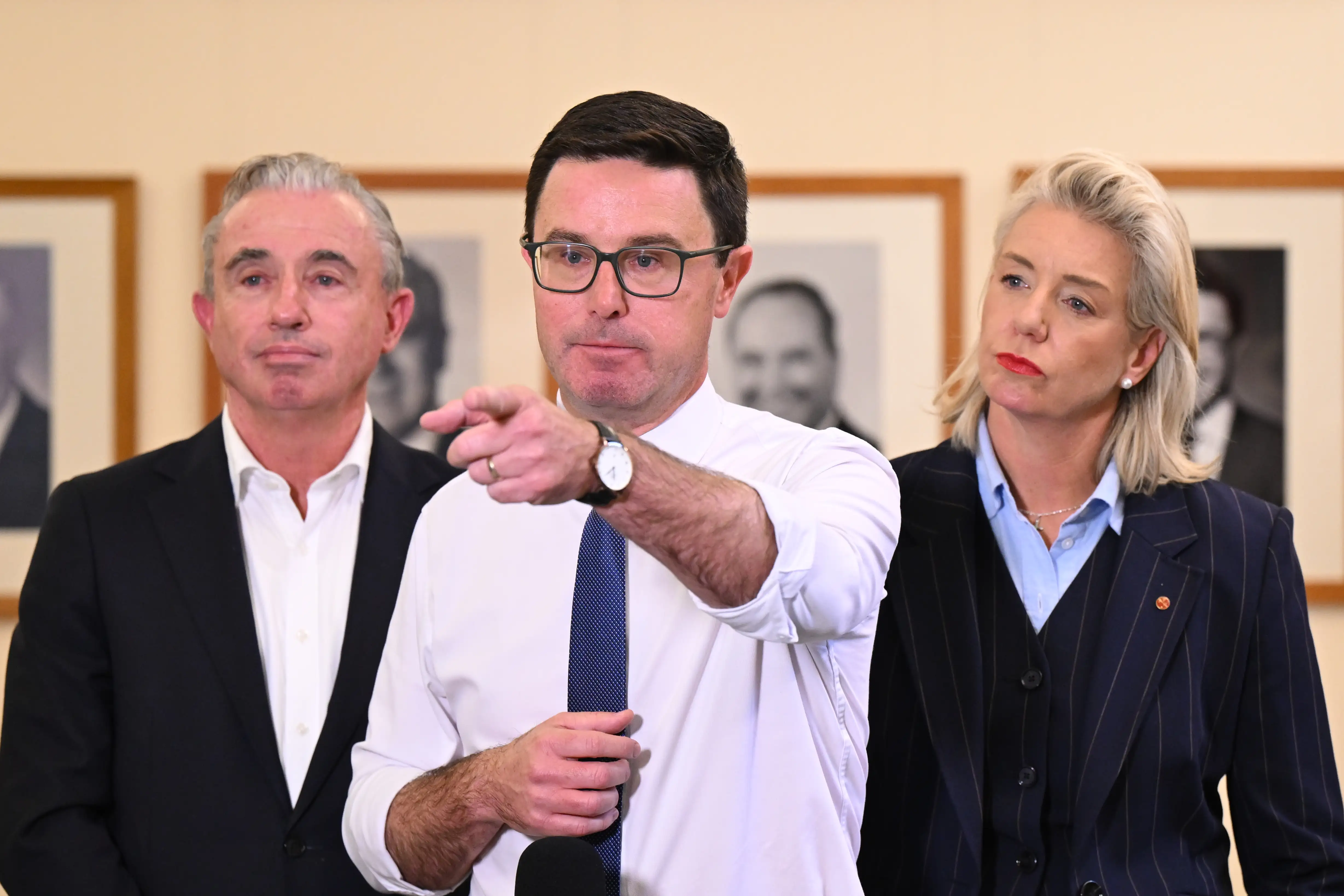 Nationals Leader David Littleproud, Nationals Deputy Leader Kevin Hogan and Nationals Senate Leader Bridget McKenzie speak to the media