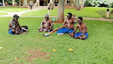 Renfred Manmurulu, Rupert Manmurulu, Robbie Burrilil and Joey Nganjmirra perform Inyjalarrku ‘mermaid’ ceremony at the University of Manoa Hawaii for the Festival of Pacific Arts and Cultures, 2024.