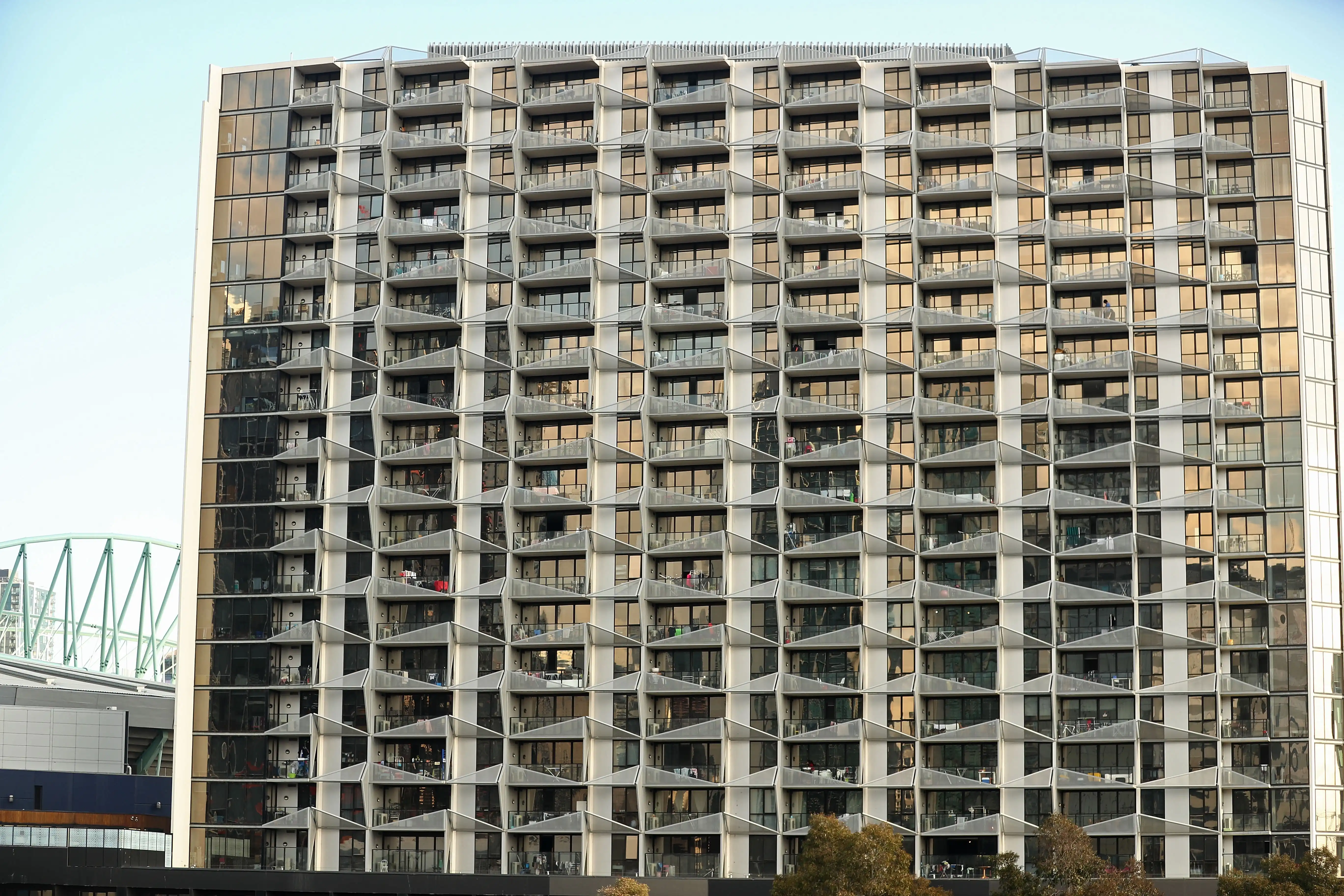 Wide view of high rise apartment building in Docklands