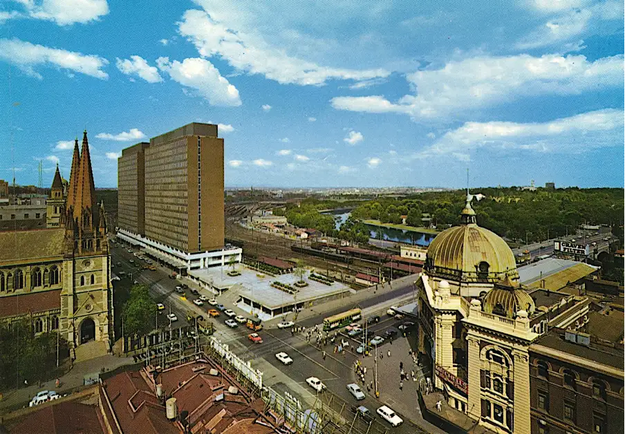 (left to right) St Paul’s Cathedral, the Princes Gate Towers, the Princes Gate Plaza, and Flinders Street Station. 