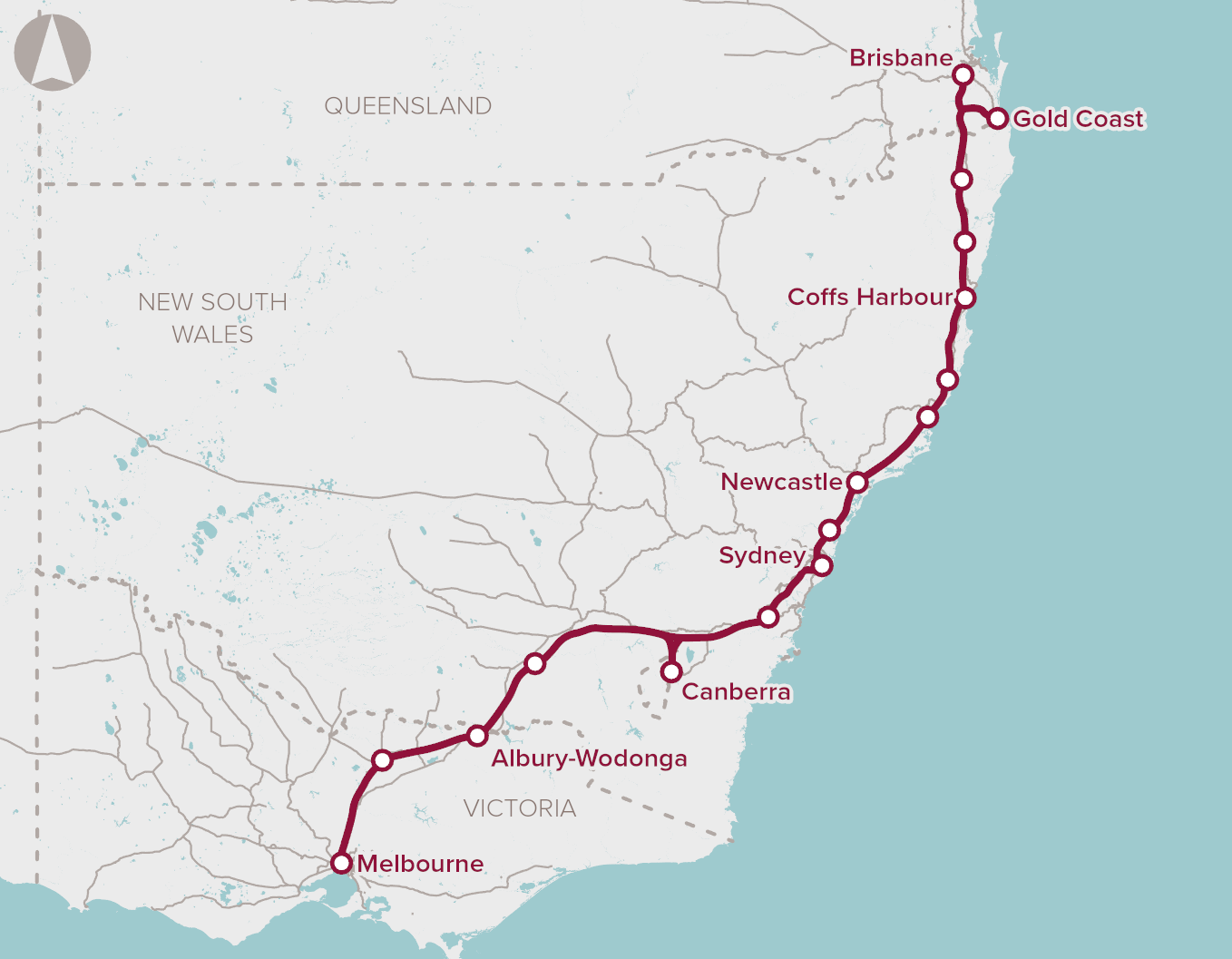 A map showing the route of the proposed route of the East Coast High Speed Rail corridor