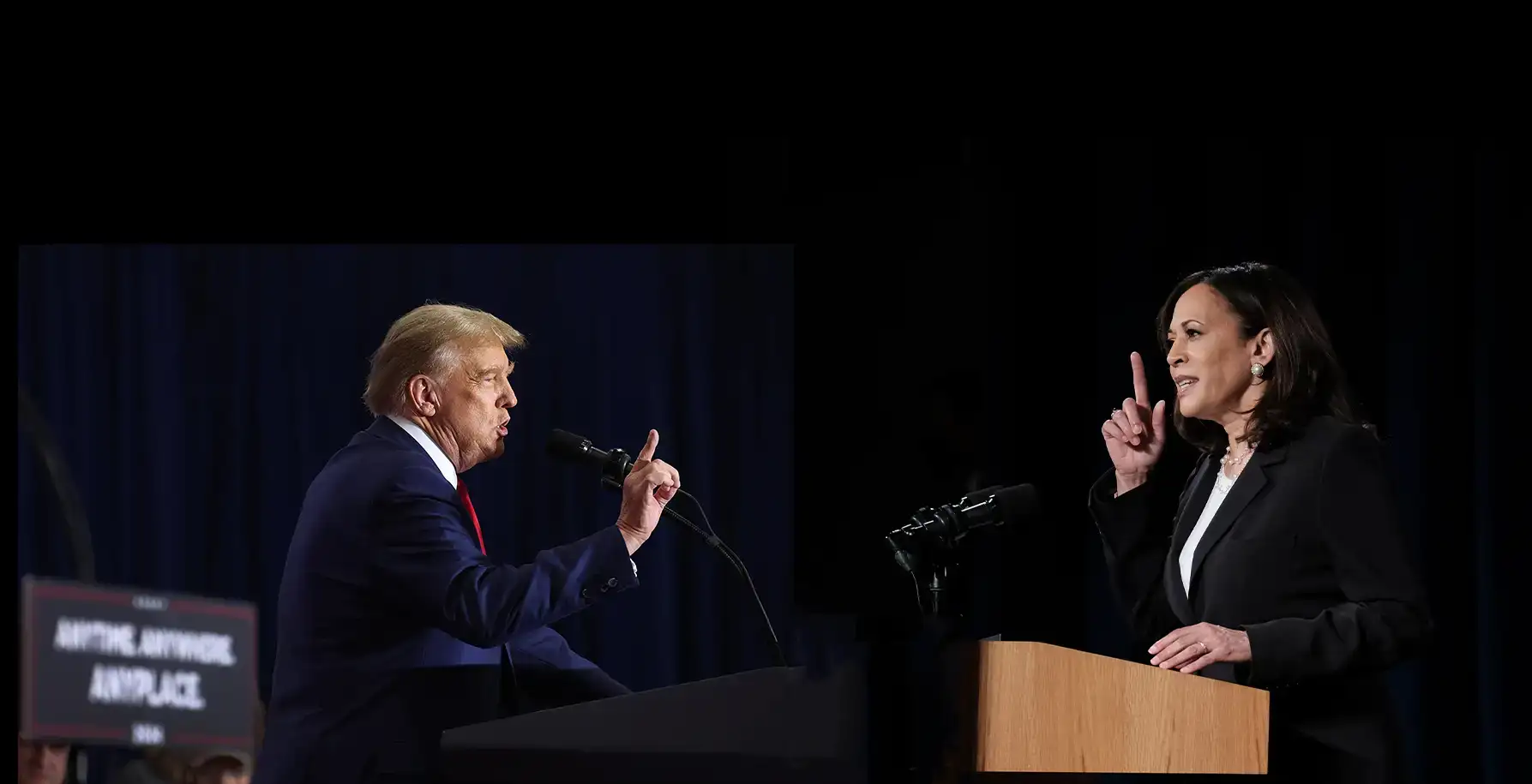 A composition shot of Donald Trump and Kamala Harris speaking into microphones on a black background