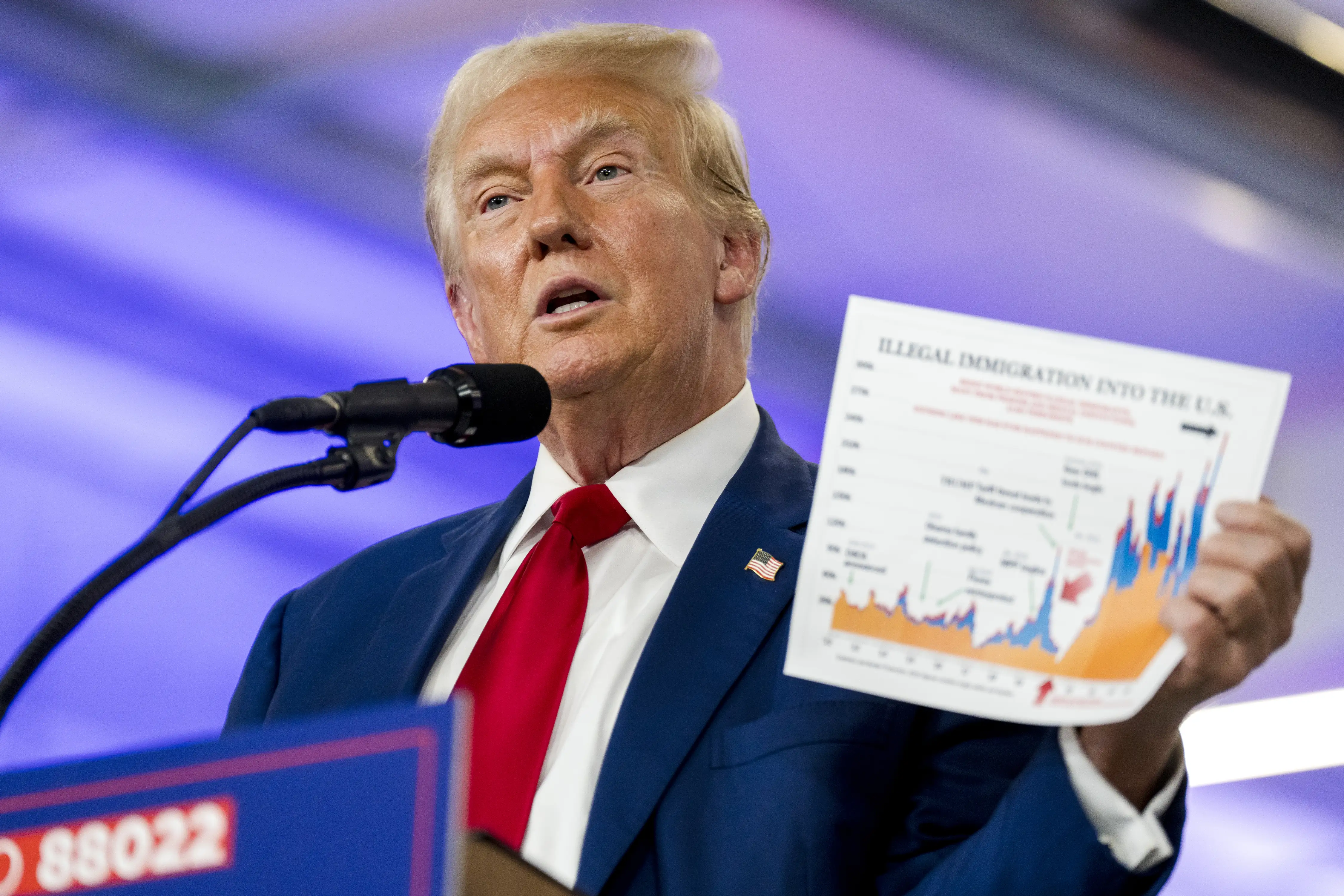  Donald Trump speaks while holding a document about illegal immigration