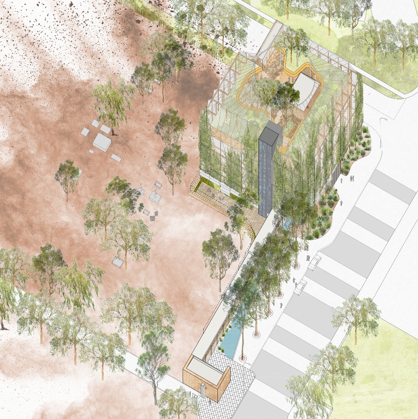 Architectural drawing of a green building in a cemetery space