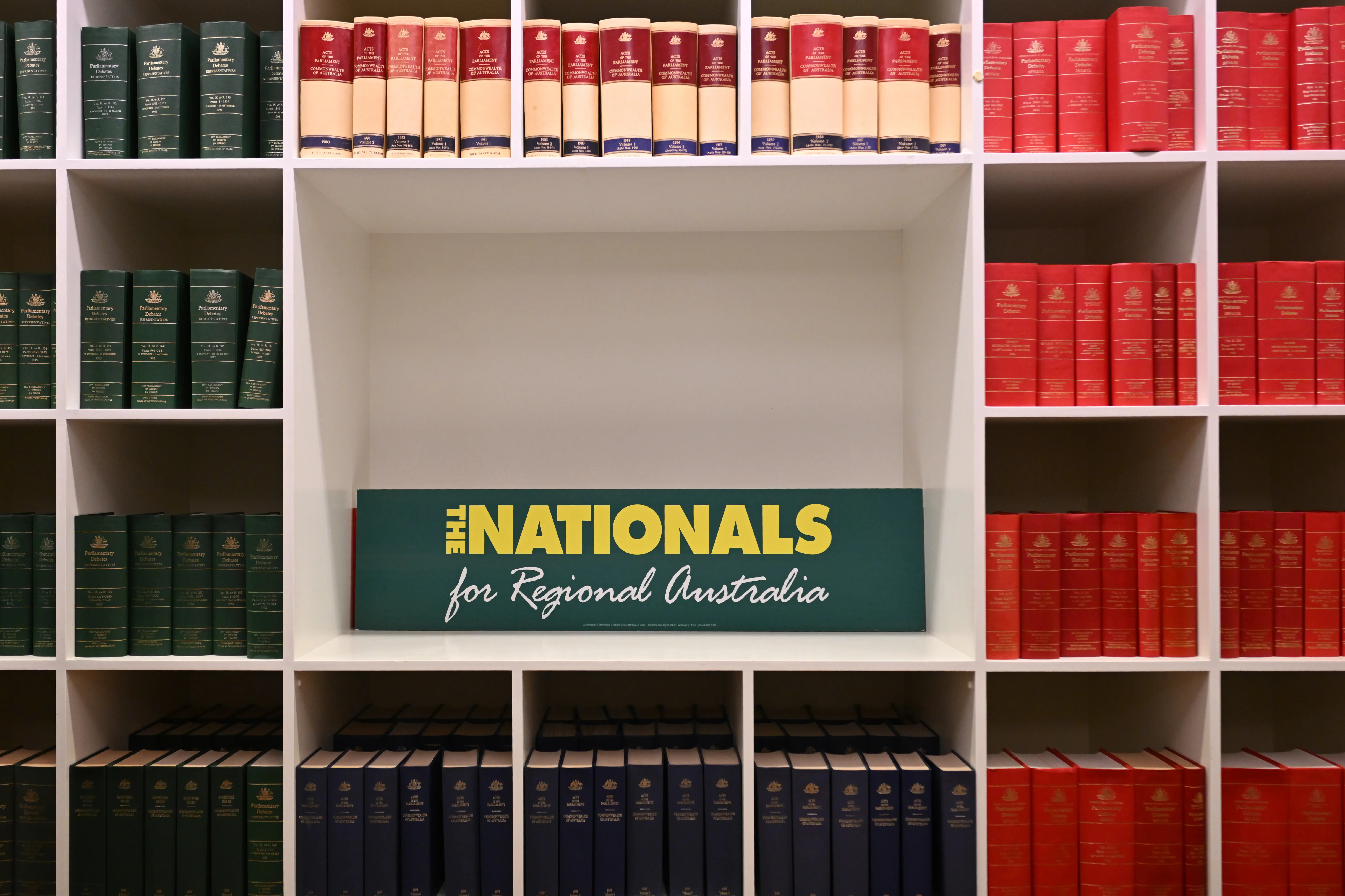 A banner on regional Australia on a bookshelf in the Nationals Party room.