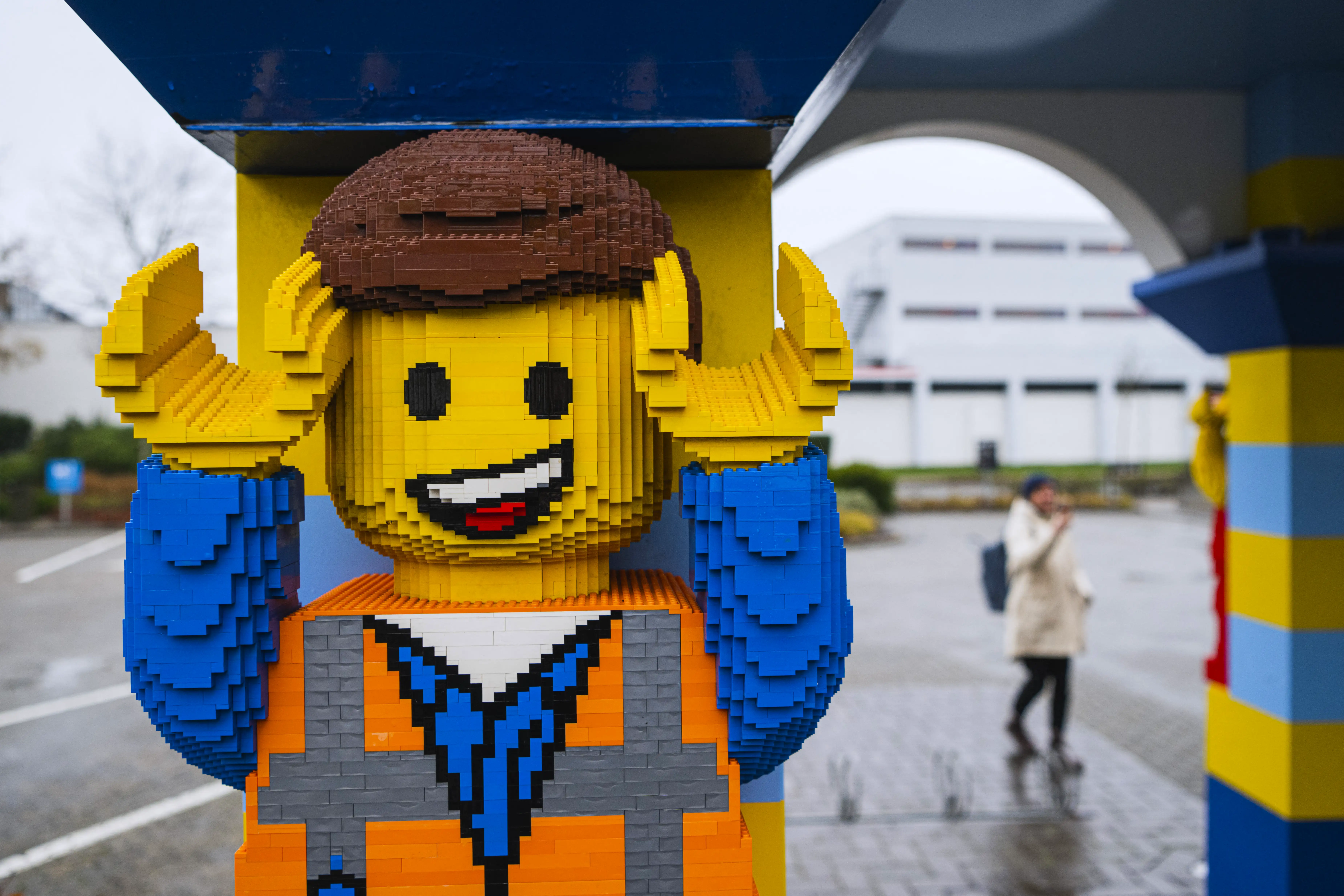 A big LEGO figurine made of LEGO bricks is displayed outside the hotel LEGOLAND in Denmark