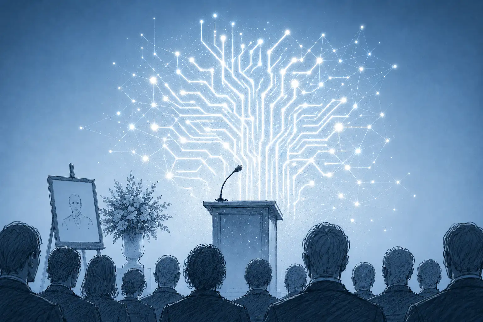 An illustration of the lines in a microchip in front of a crowd giving a eulogy