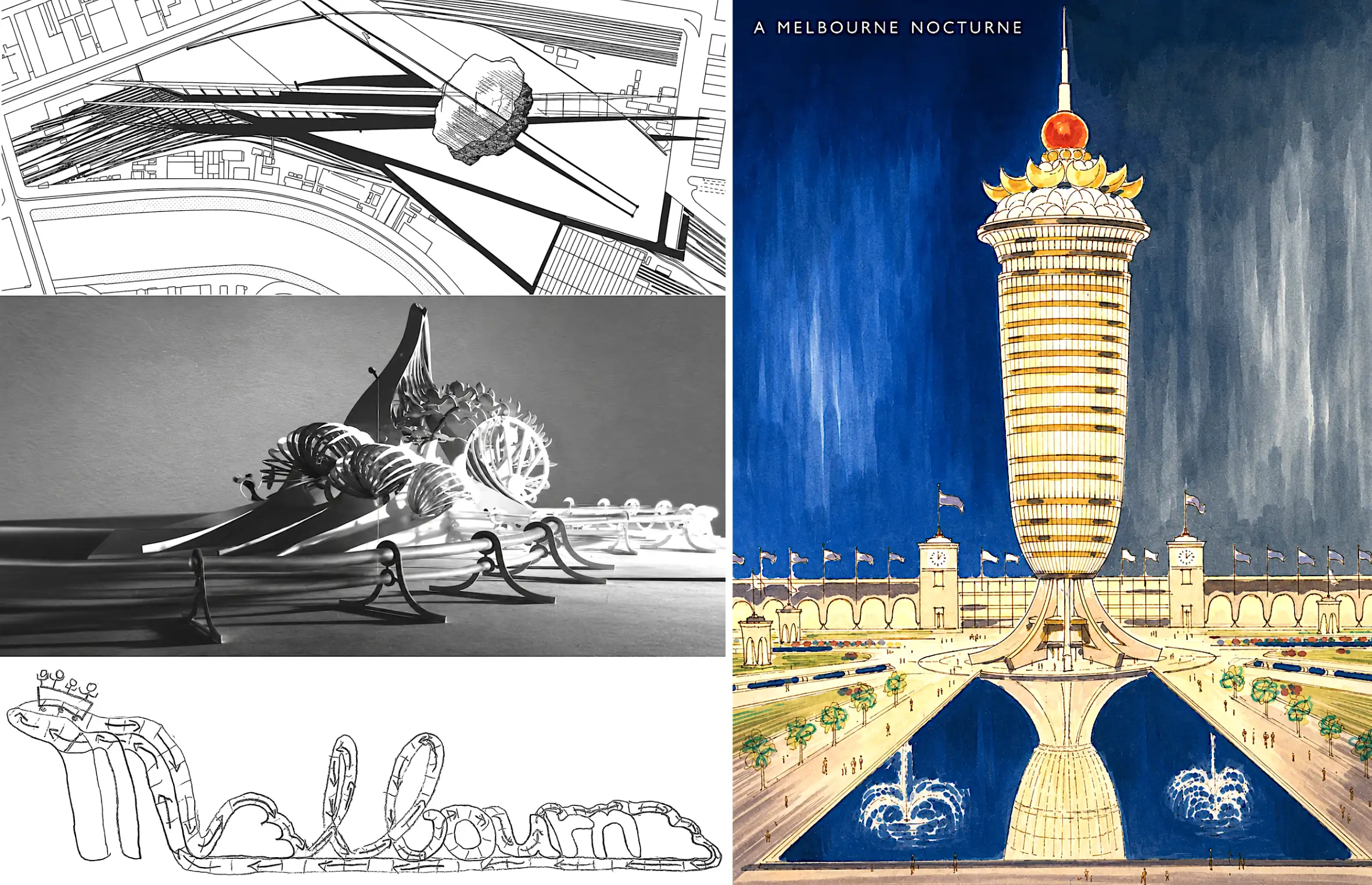 Pictures of entries in the 1979 Melbourne Landmark Ideas Competition