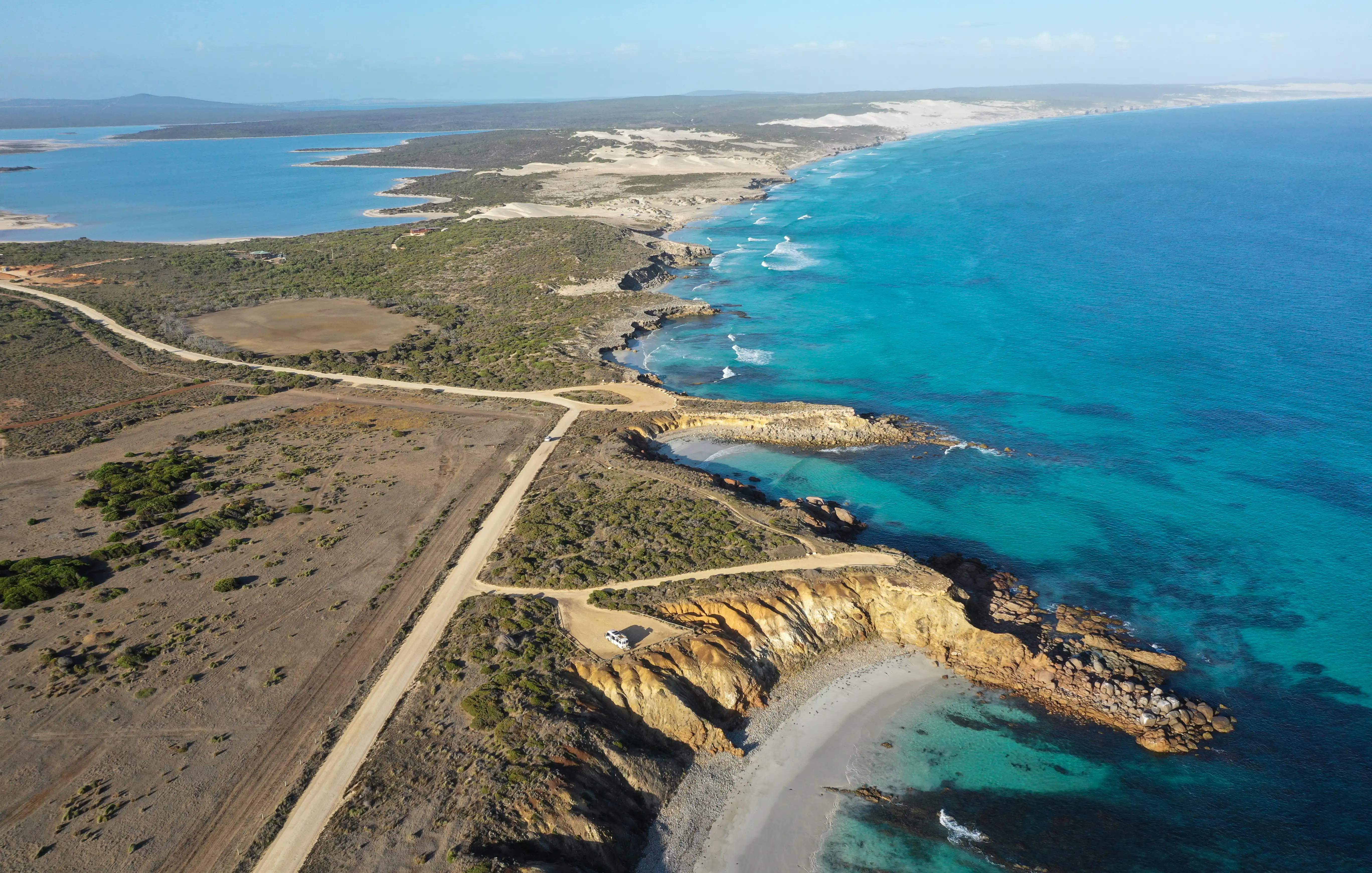 An aerial view of Sleaford Bay on the Eyre Peninsula near Whalers Way in South Australia