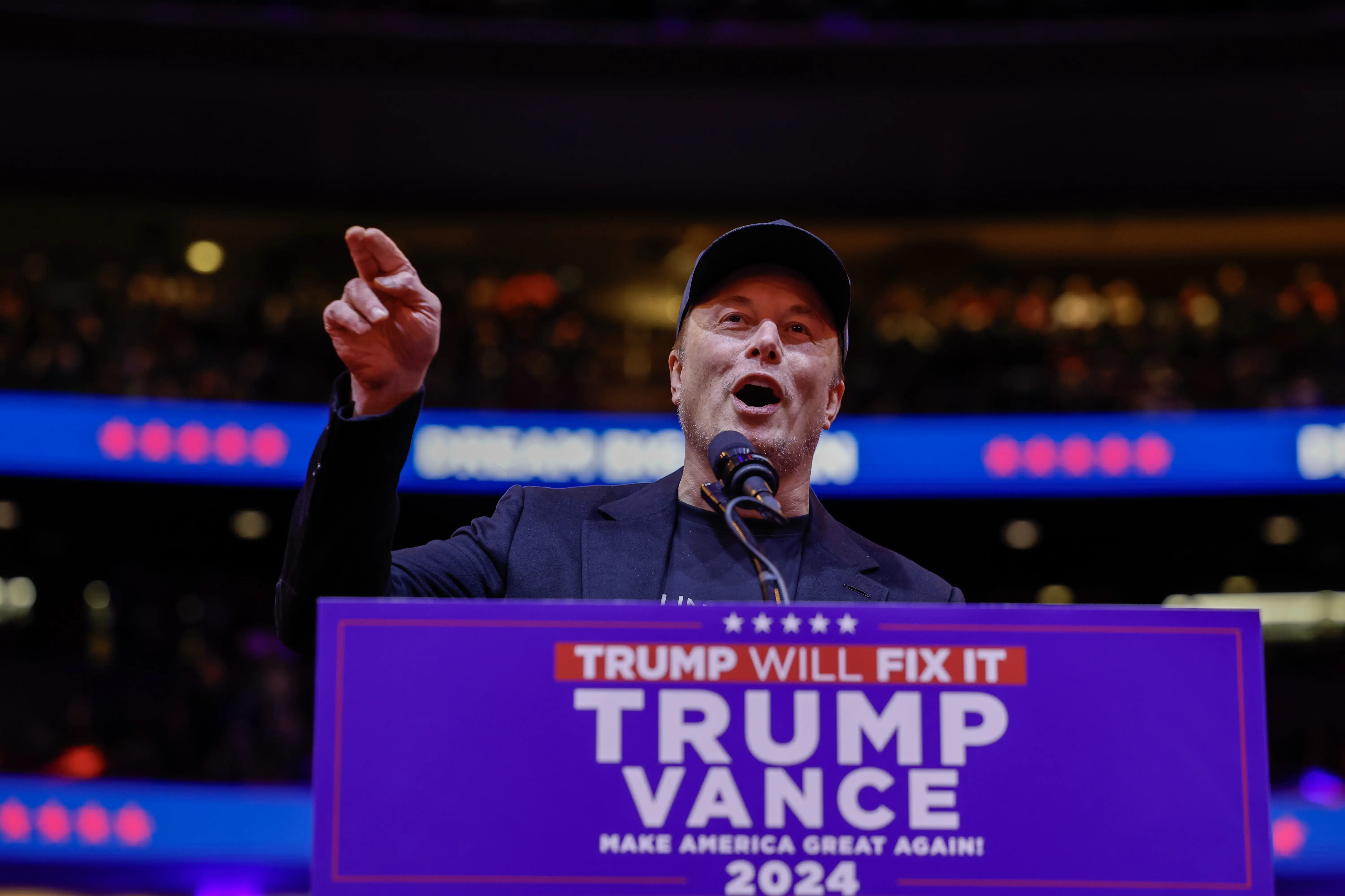 Elon Musk speaks during a campaign rally for Republican presidential nominee, former U.S. President Donald Trump