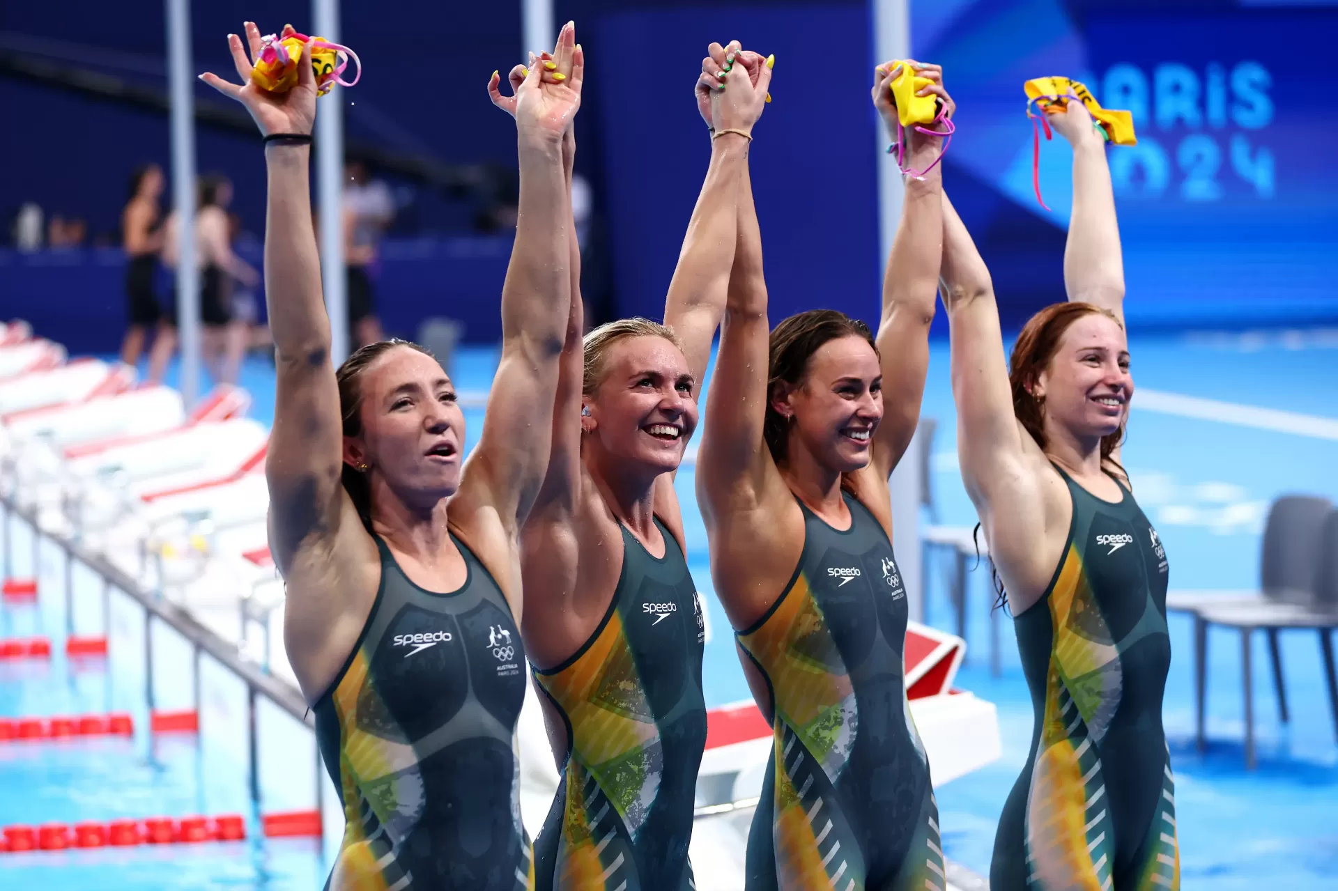 Mollie O’Callaghan, Lani Pallister, Brianna Throssell and Ariarne Titmus of Team Australia celebrate after winning gold in the Women's 4x200m Freestyle Relay. Picture: Getty Images