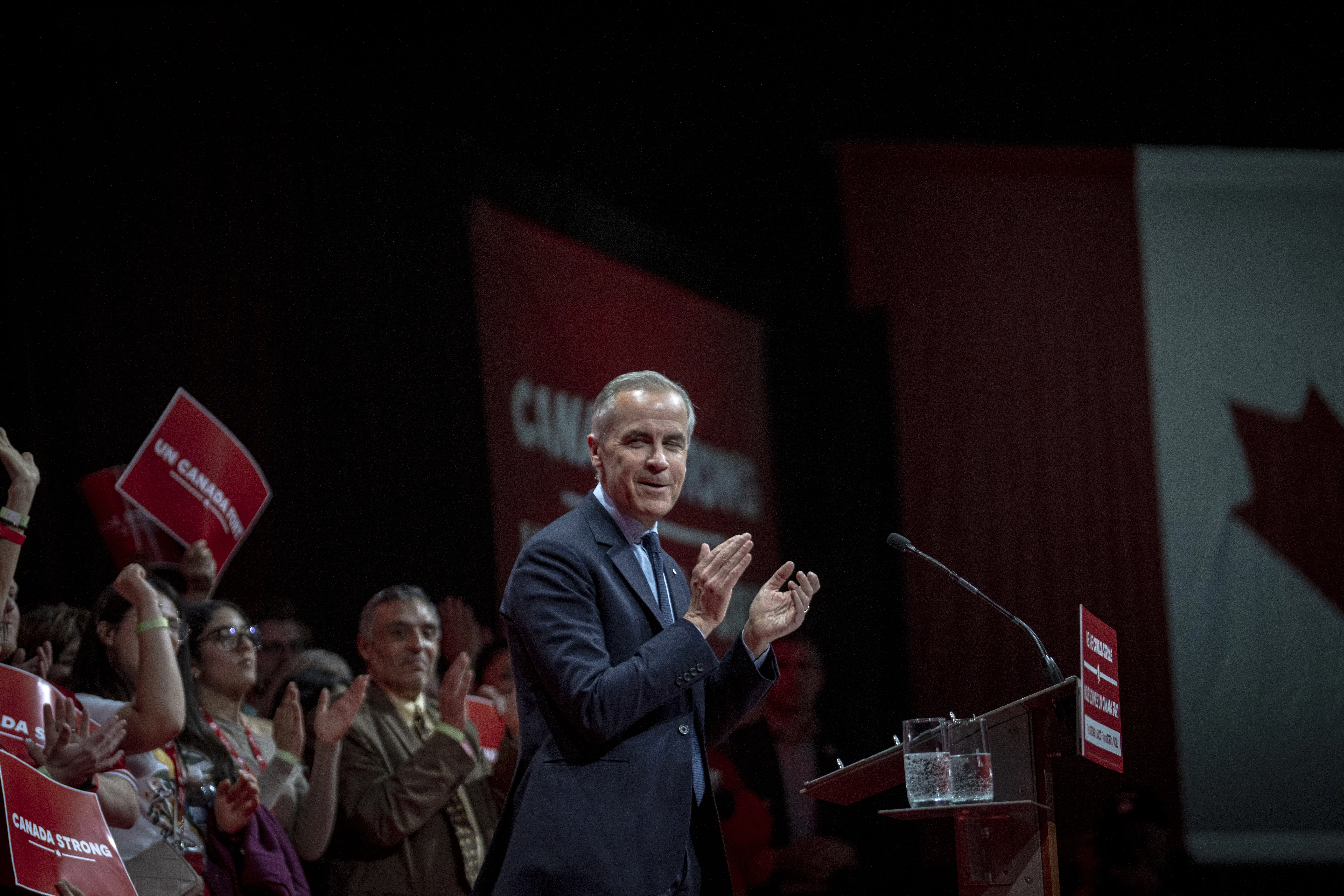 Canadian Prime Minister and Liberal Party Leader Mark Carney speaks to his supporters after winning the Canadian Federal Election