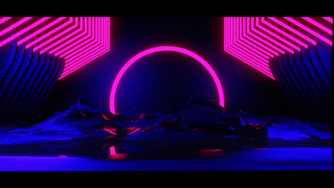 Neon lights in a dark hallway