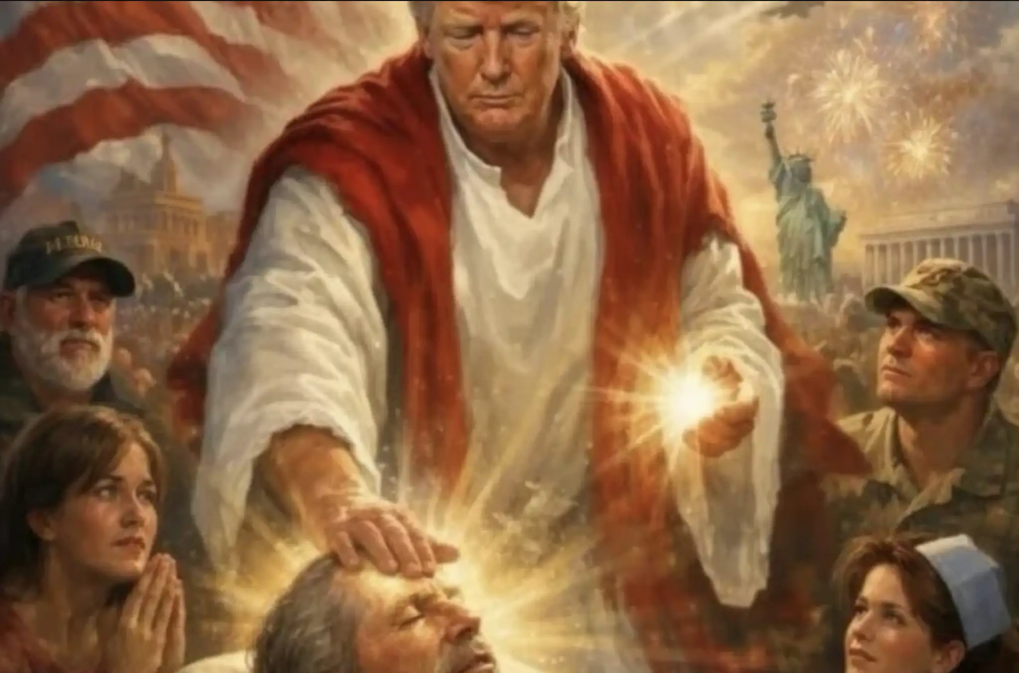 A screenshot of the image of Donald Trump dressed as Jesus attending to a sick man