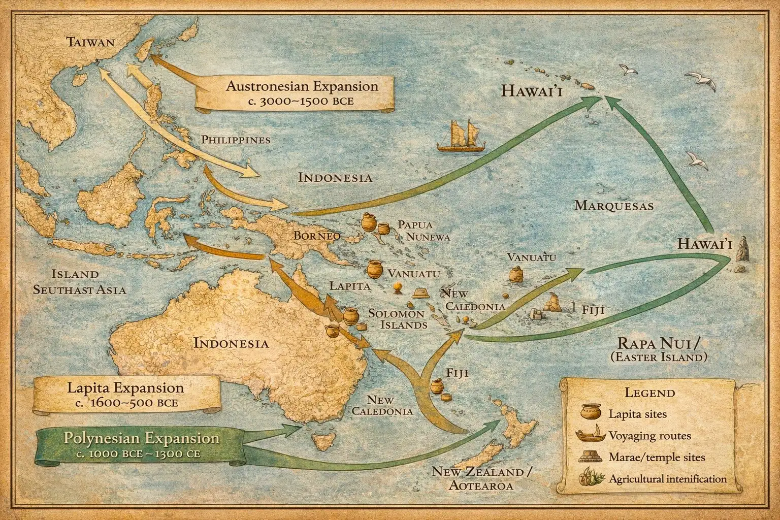A muddled AI map generated from the prompt 'Polynesian archaeology and history’