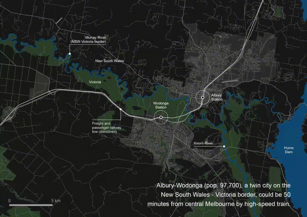 Animated map of design for HSR in Albury-Wodonga