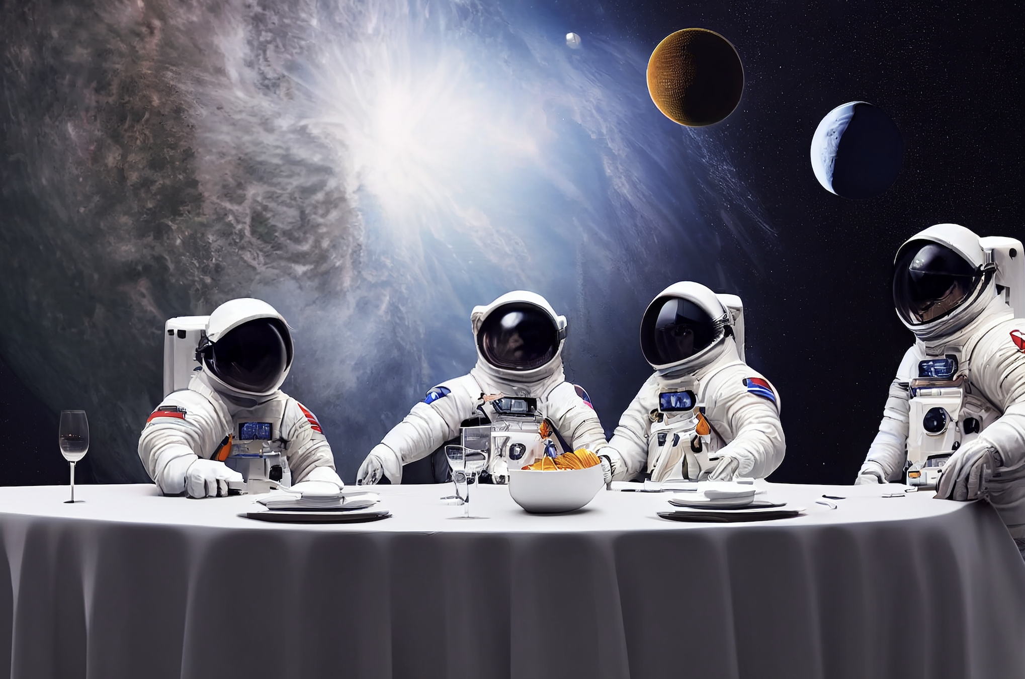 Astronauts at dining table