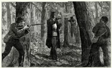 Drawing of Ned Kelly and gang shooting at a man