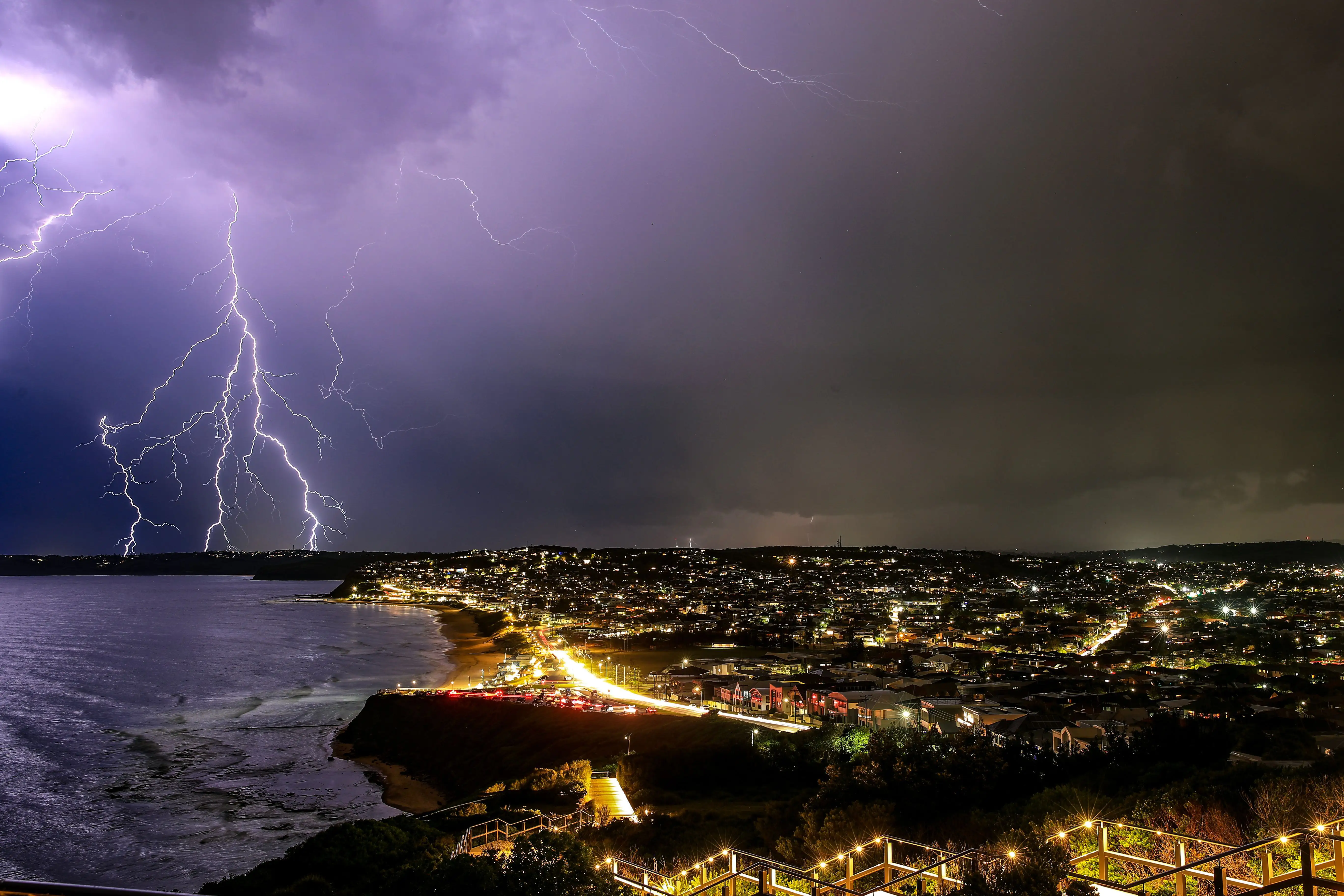  Lightning seen from Anzac Memorial Bridge on January 15, 2025 in Newcastle, Australia.