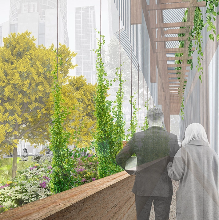 Drawing of people walking near a building and garden