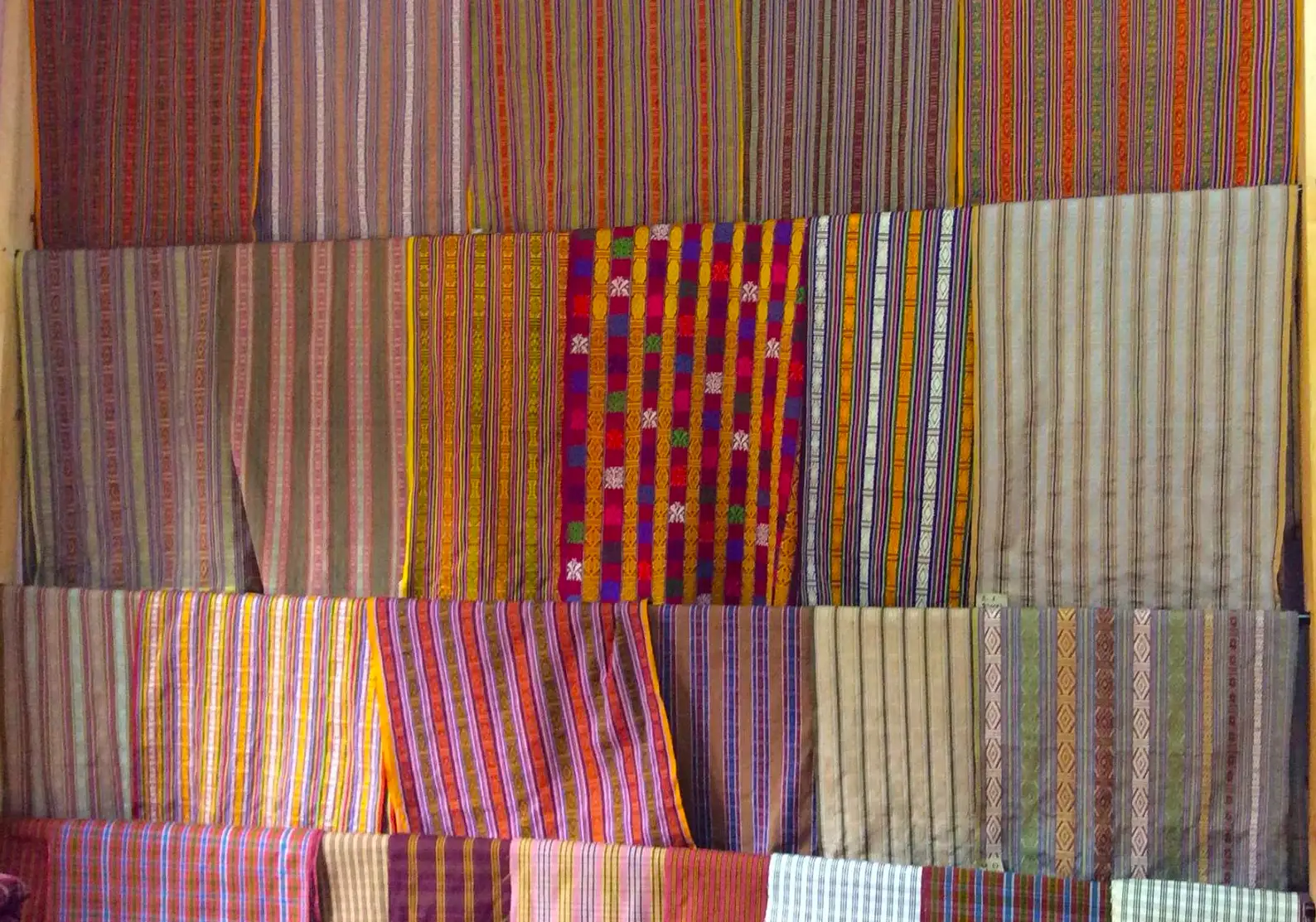 Bright Bhutanese fabrics in a variety of colours and patterns