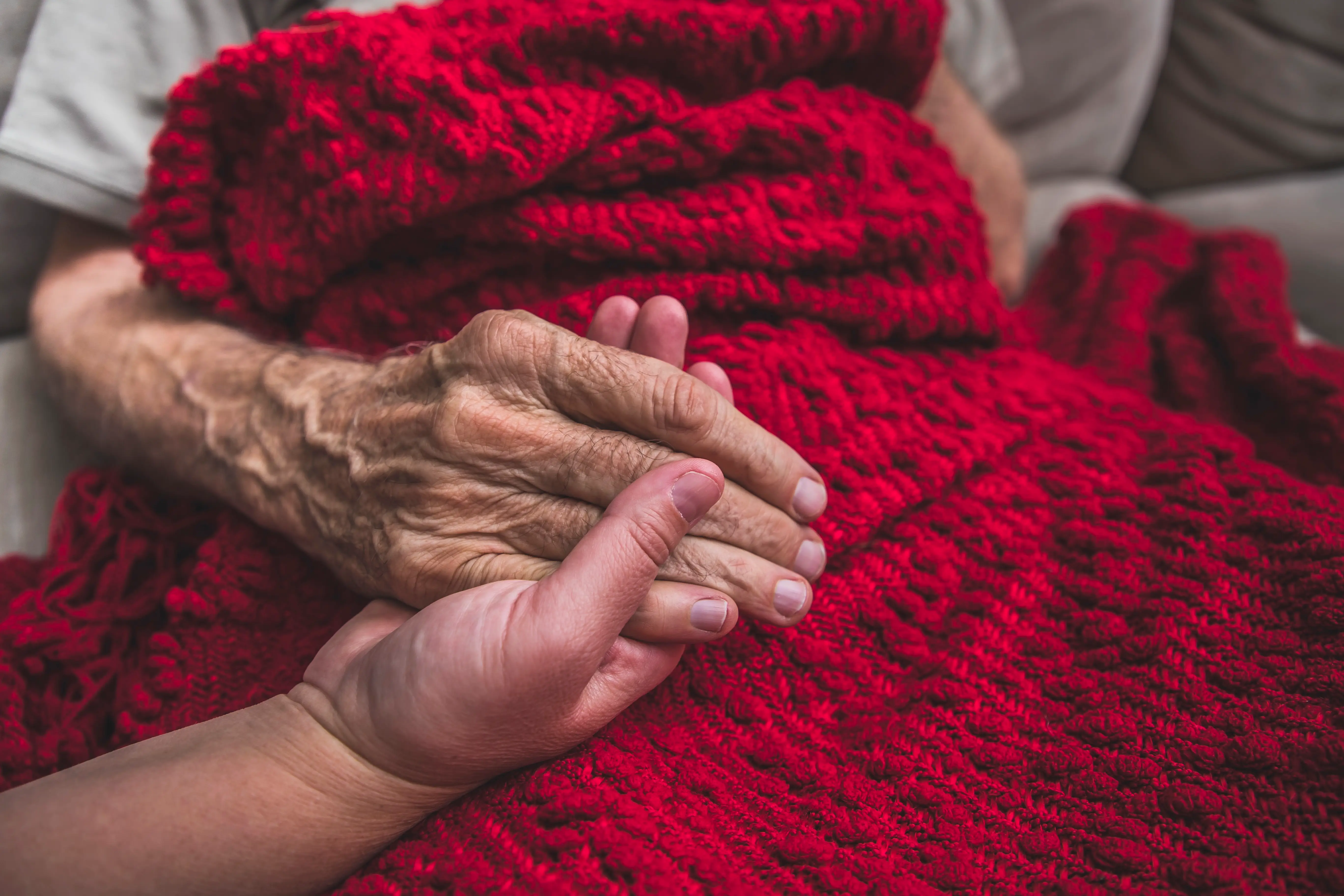 A close up of a young person’s hand holding an elderly person’s hand on top of a red quilt