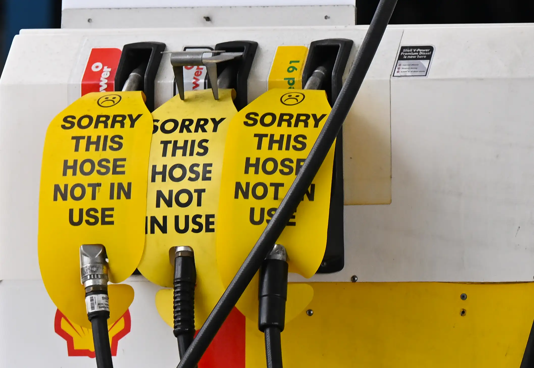 Fuel pumps with a sign saying ‘not in use’