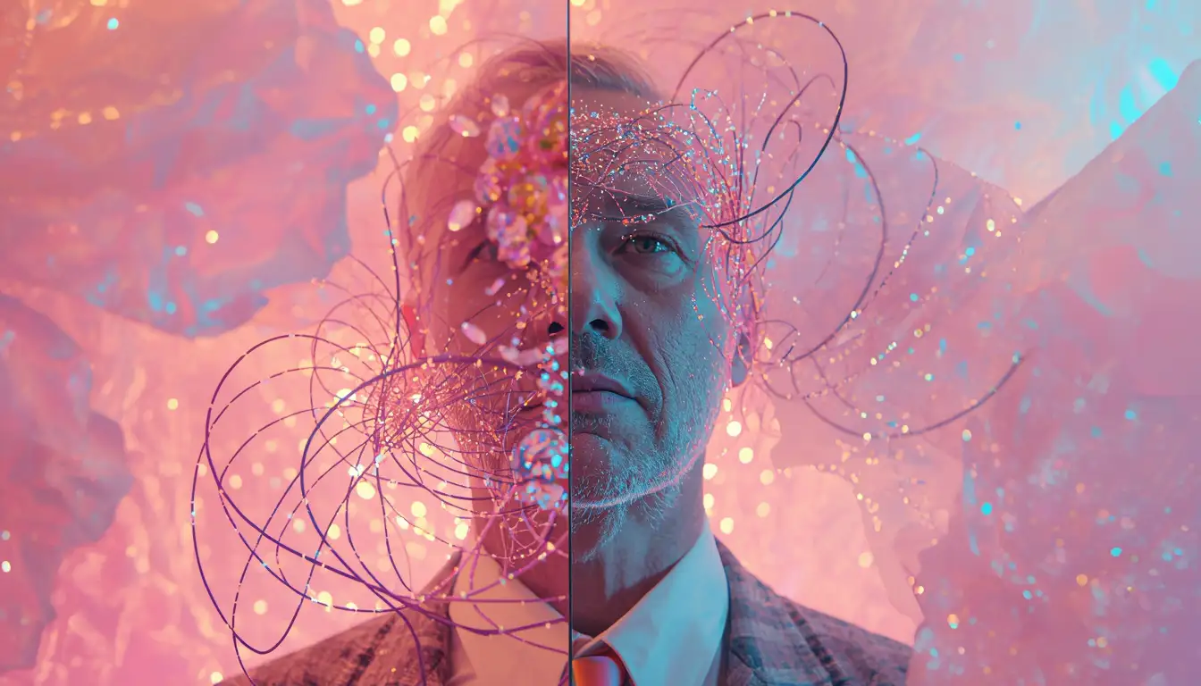An AI-generated image of a man with connections lines and a lens over half his face