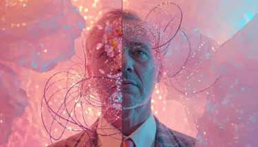 An AI-generated image of a man with connections lines and a lens over half his face