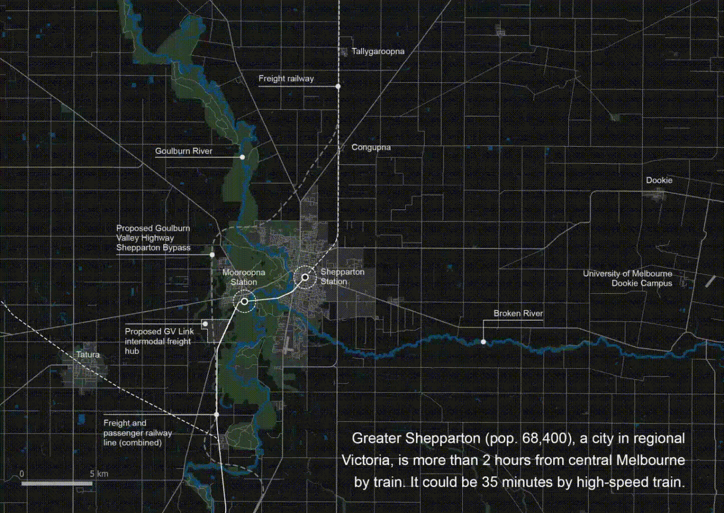 Animated map of design for HSR in Greater Shepparton