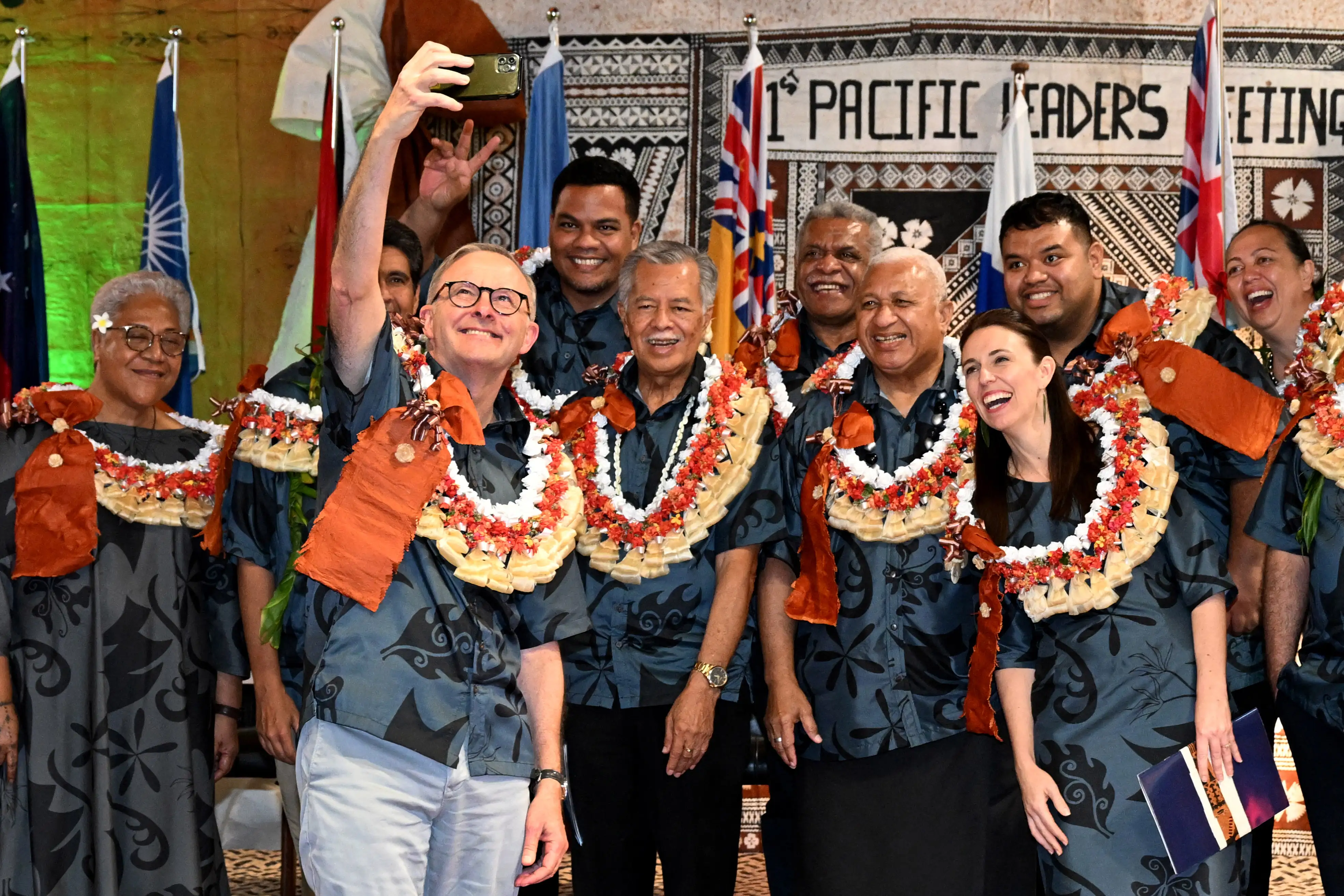 Australian Prime Minister Anthony Albanese takes a selfie with fellow leaders at 2022's Pacific Islands Forum. 