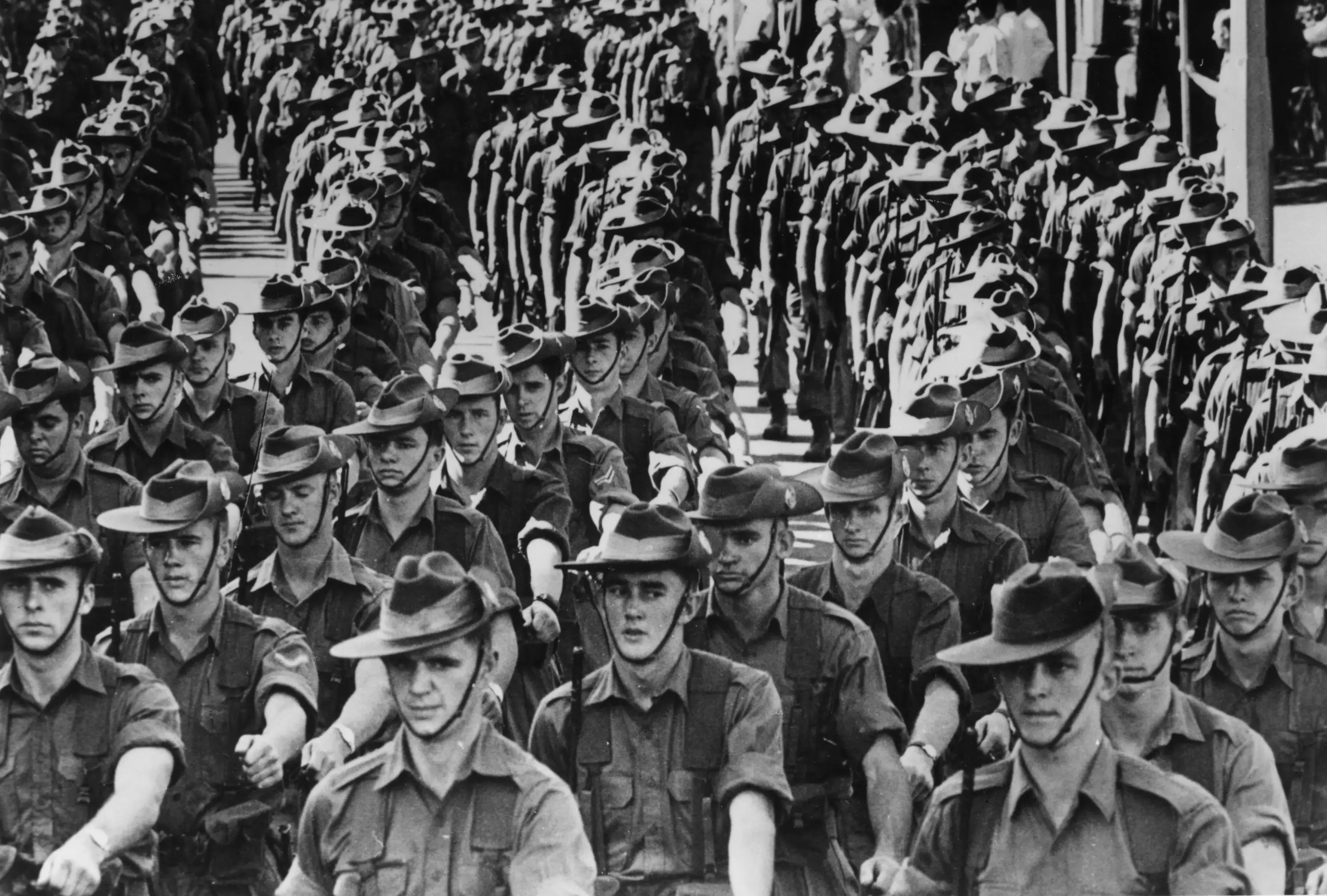 Australian soldiers marching through Sydney before leaving for Vietnam. 